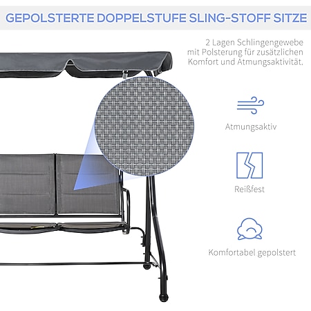 Outsunny 3-Sitzer Hollywoodschaukel mit verstellbarem Dach Grau 205 x 118 x  170 cm (LxBxH) | bei Marktkauf online bestellen