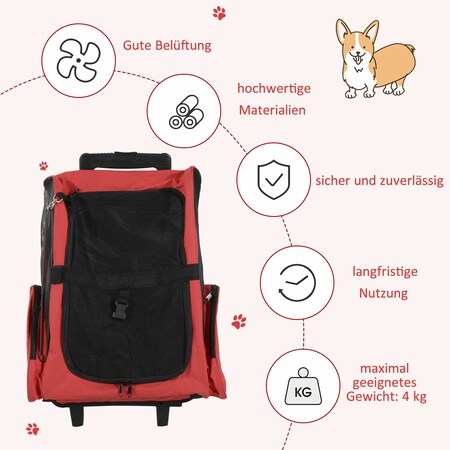 PawHut 2 in 1 Hundetasche als Trolley oder Rucksack verwendbar rot-schwarz  35 x 27 x 49 cm (LxBxH)