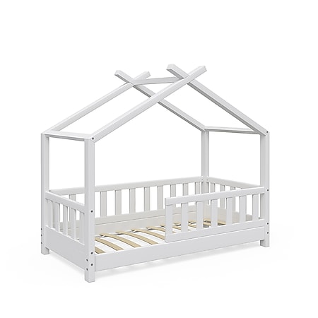 VitaliSpa Kinderbett Design Hausbett Zaun Kinder Bett Holz Haus Weiß 70x140cm 