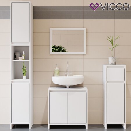 Schrank Set bestellen Midi EMMA VICCO Spiegel Marktkauf Waschtischunterschrank Weiß Hoch - online Badmöbel bei