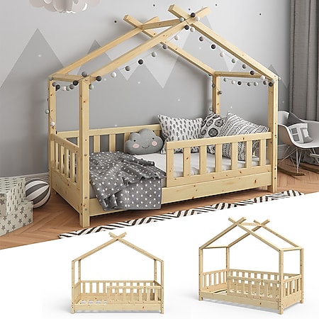 VITALISPA Kinderbett Hausbett DESIGN 70x140cm Natur Zaun Kinder Holz Haus Hausbett 