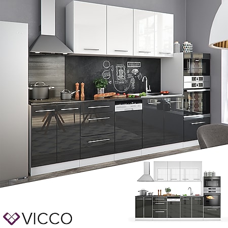Vicco Küche Fame-Line Küchenzeile Küchenblock Einbauküche 295cm Anthrazit Weiß Hochglanz 