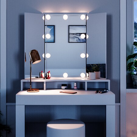 Schminktisch Kosmetiktisch Weiß Frisiertisch LED-Beleuchtung Spiegel Hocker