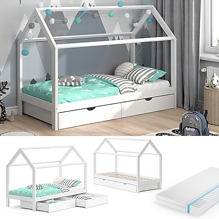 VITALISPA Kinderbett Hausbett Schubladen Bett Holz Kinderhaus weiß 90x200 cm + Matratze 
