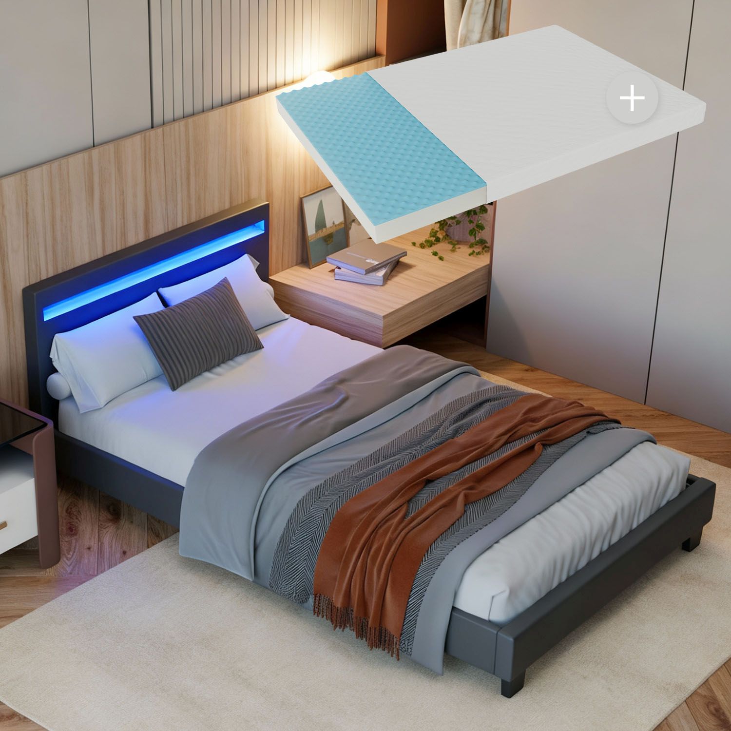 Juskys Polsterbett Paris grau | 120&times;200 cm | Bettgestell LED-Beleuchtung, Lattenrost & Matratze 