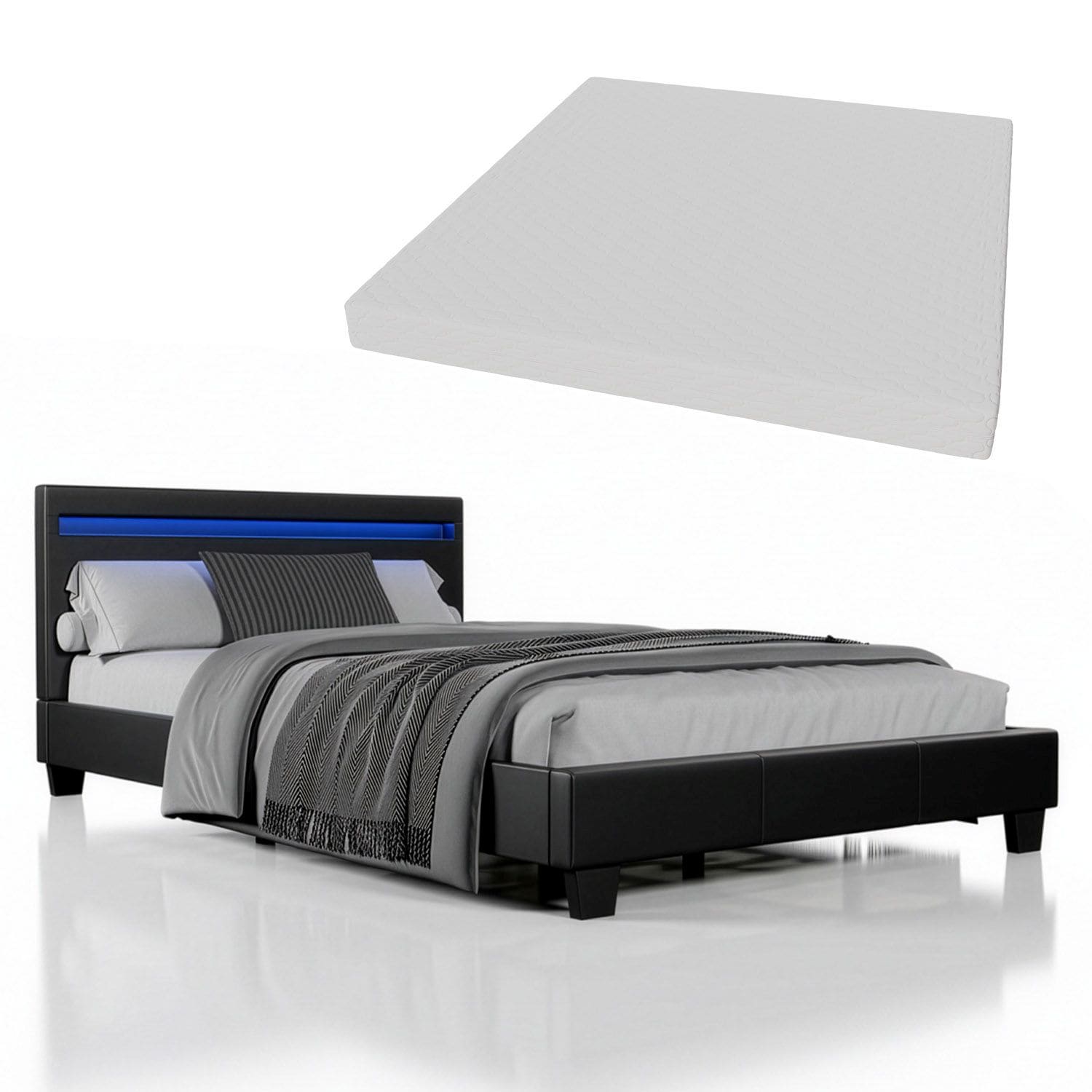 Juskys Polsterbett Paris schwarz | 120&times;200 cm | Bettgestell LED-Beleuchtung, Lattenrost & Matratze 