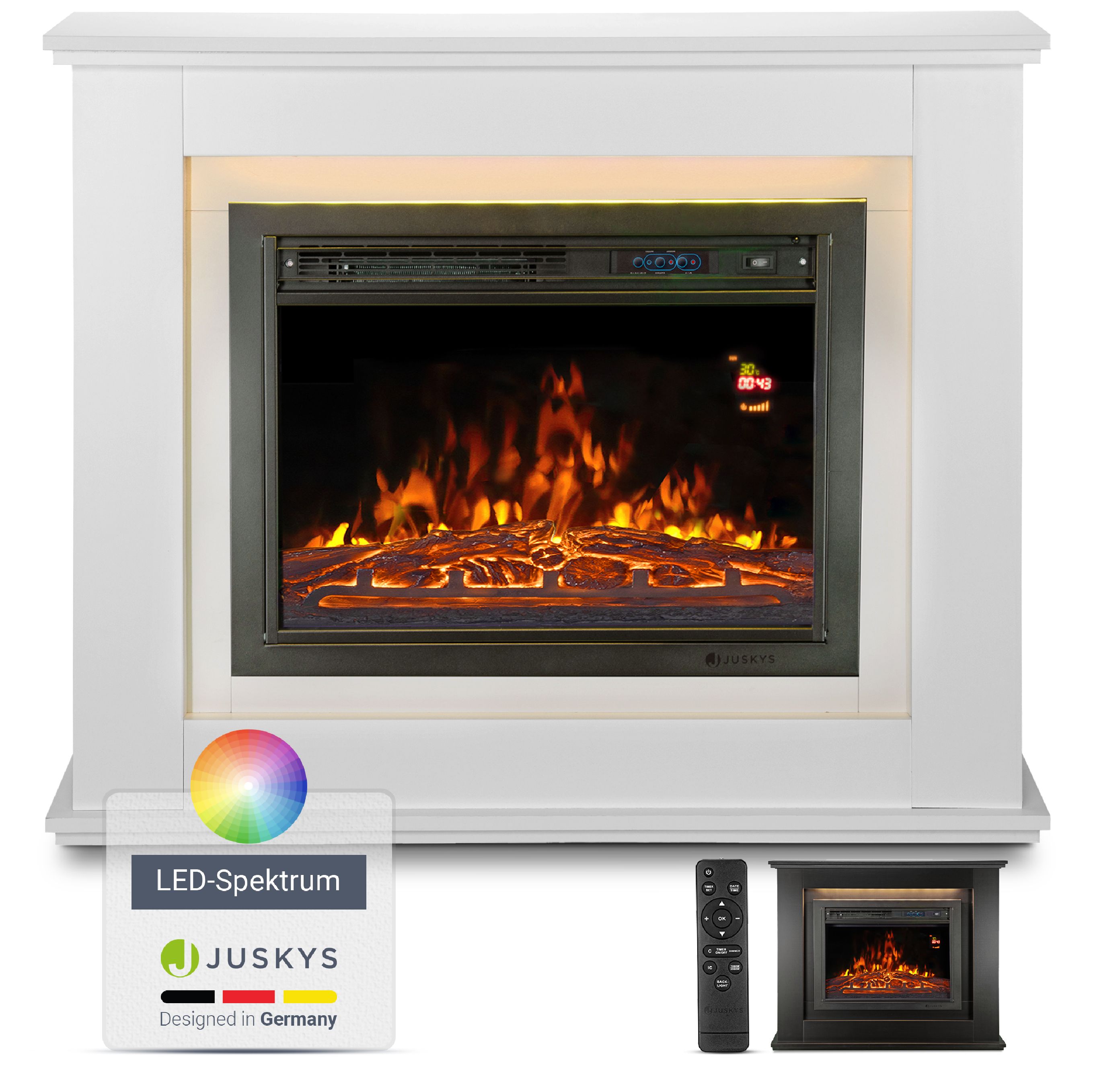 Juskys Elektrokamin &ndash; Standkamin mit Heizung & Kaminfeuer &ndash; Flammeneffekt, 1000/2000 Watt &ndash; Wei&szlig; 