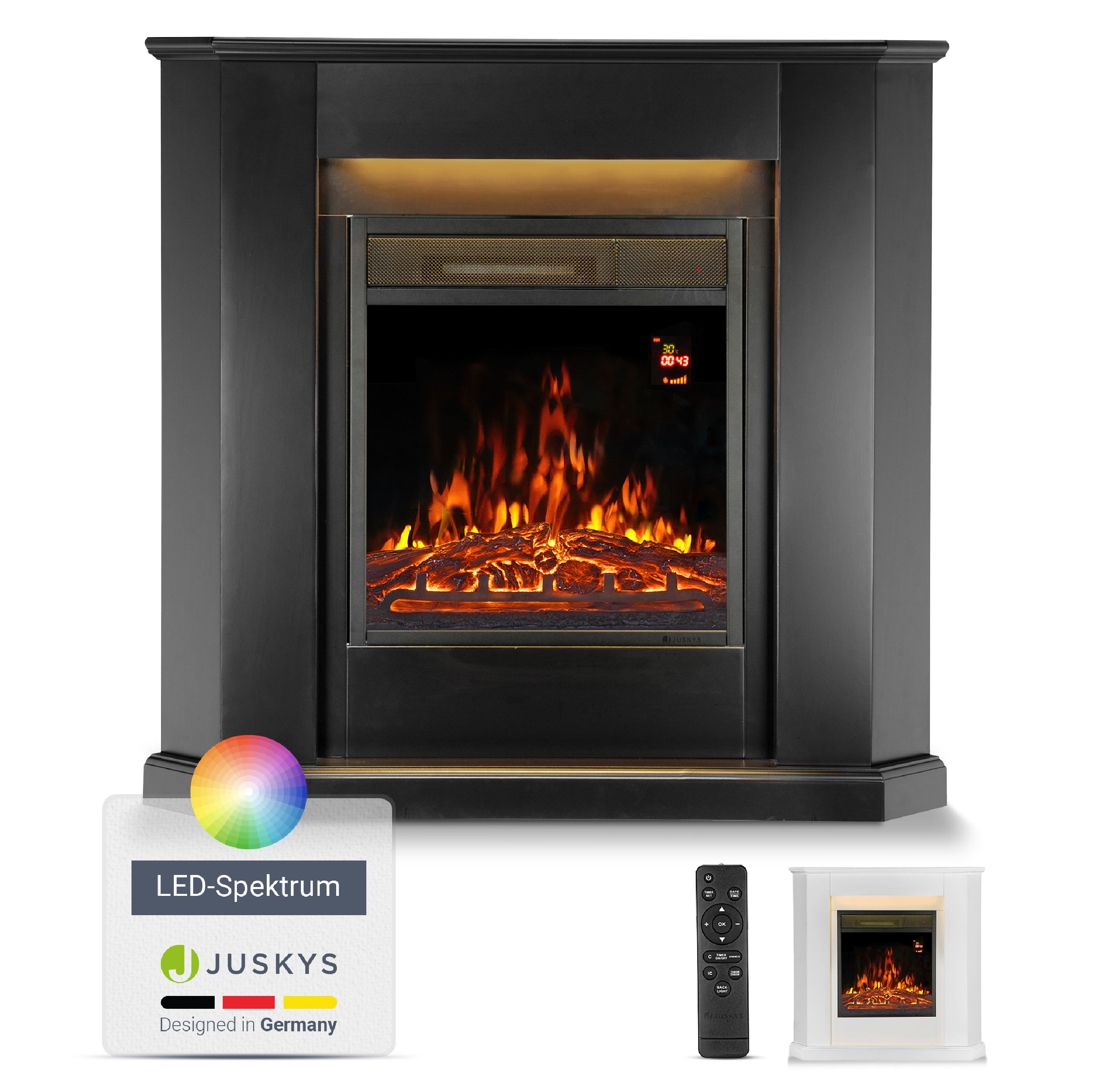 Juskys Elektrokamin &ndash; Standkamin mit Heizung & Kaminfeuer &ndash; Flammeneffekt, 1000/2000 Watt &ndash; Schwarz 