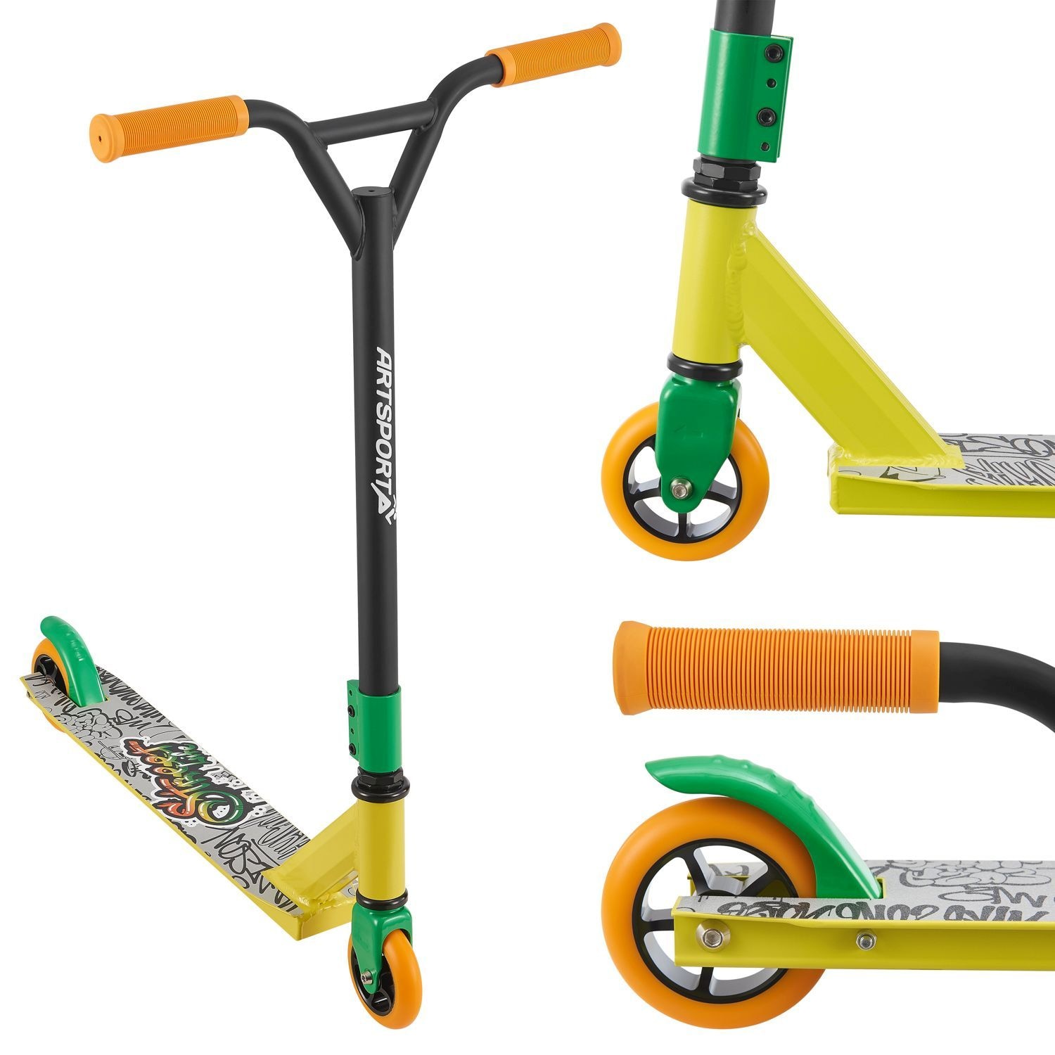 ArtSport Stunt Scooter Street Life - Trick Roller f&uuml;r Kinder & Jugendliche - Tretroller Schwarz Gelb 