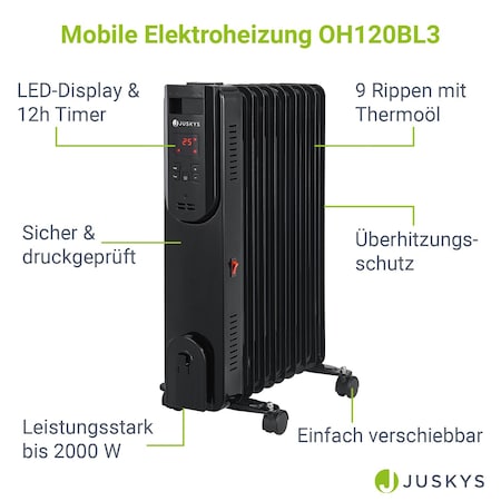 Juskys Elektroheizung Ölradiator 2000 Watt - 3 Heizstufen, Thermostat, 12  h-Timer - Radiator Schwarz