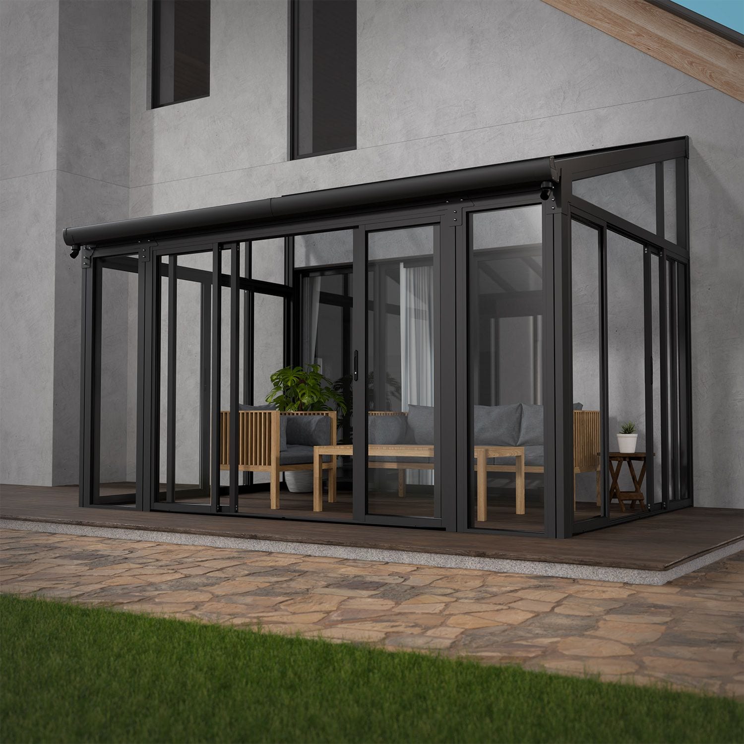 Juskys Wintergarten 12 m&sup2; in Grau mit Schiebet&uuml;ren - UV-Schutz, wasserdicht & winterfest 