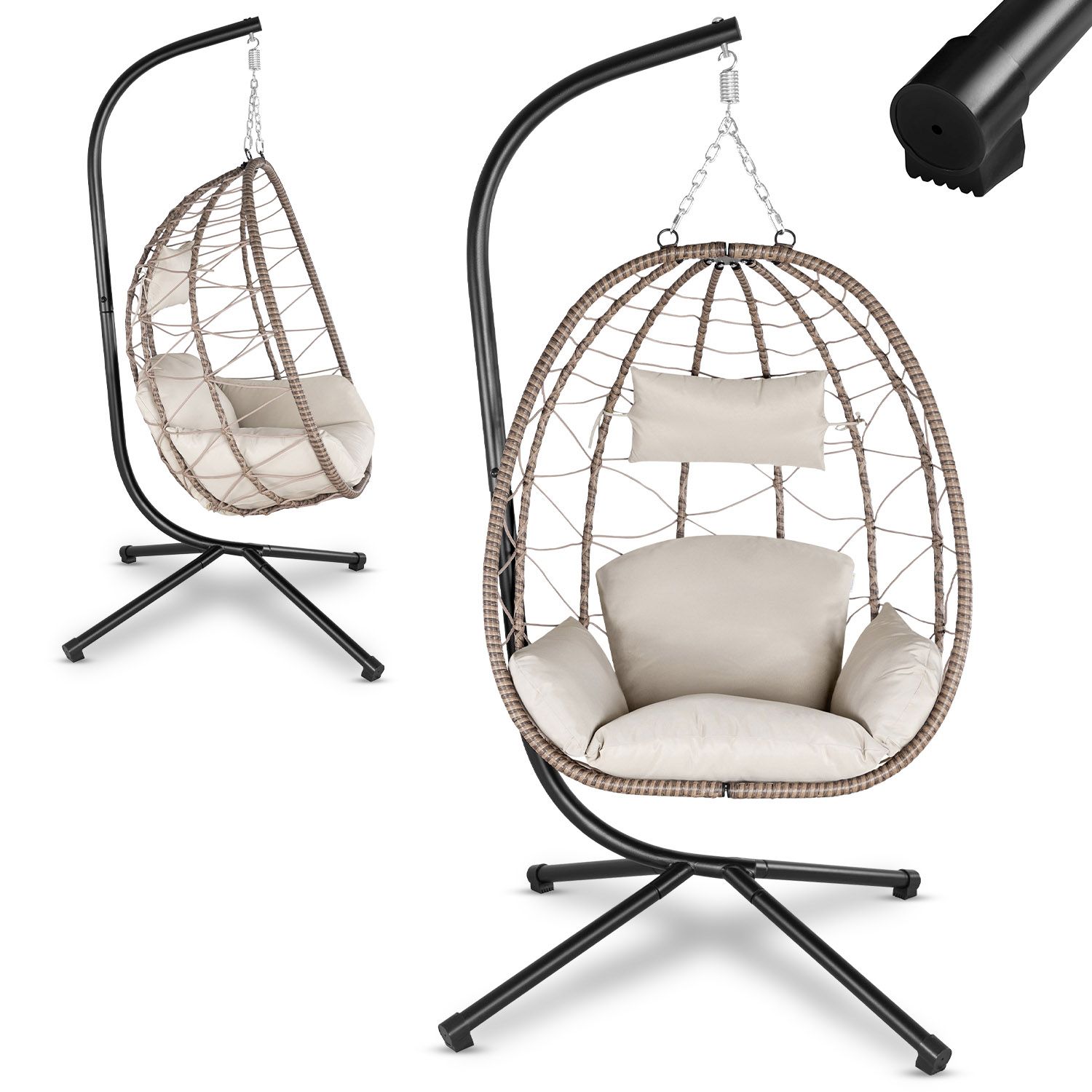 Juskys Korb-H&auml;ngesessel Aria faltbar & h&ouml;henverstellbar mit Eisengestell bis 130 kg Beige 