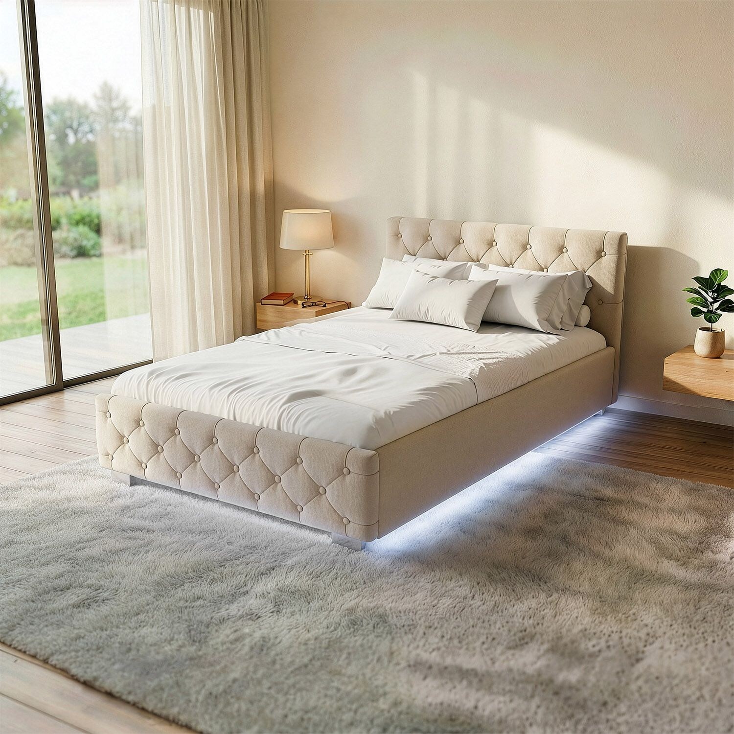 Juskys Polsterbett Nizza 120x200 cm - Lattenrost, Stauraum & LEDs - Samtbezug mit Steppung - Beige