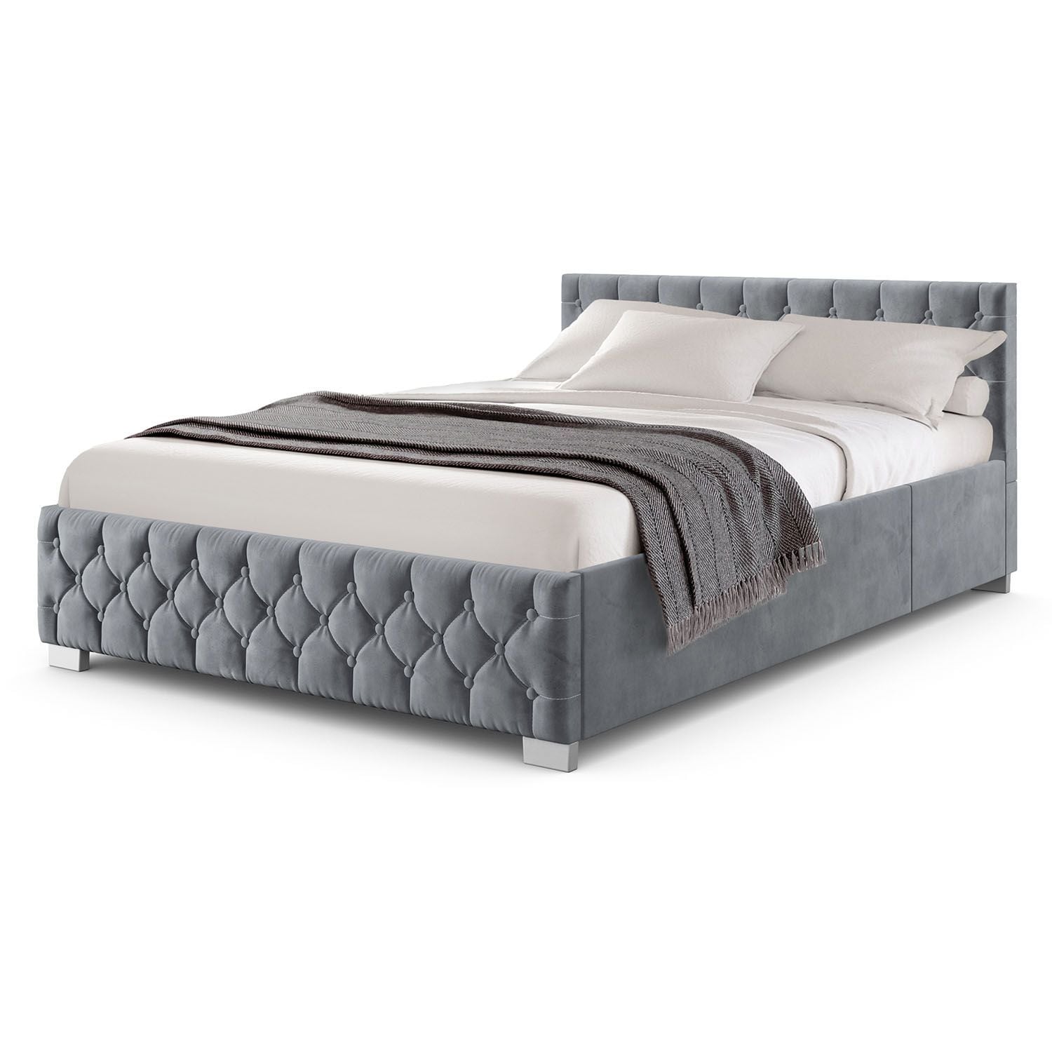 Juskys Polsterbett Nizza 120x200 cm - Lattenrost, Stauraum & LEDs - Samtbezug mit Steppung - Grau 