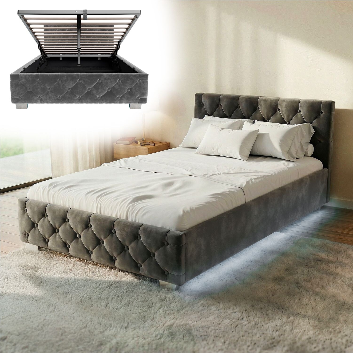 Juskys Polsterbett Nizza 120x200 cm - Lattenrost, Stauraum & LEDs - Samtbezug mit Steppung - Grau