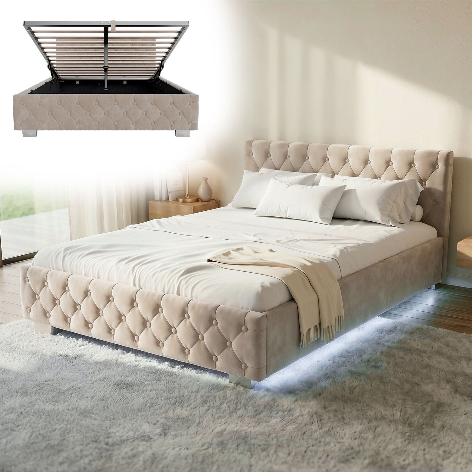Juskys Polsterbett Nizza 140x200 cm - Lattenrost, Stauraum & LEDs - Samtbezug mit Steppung - Beige