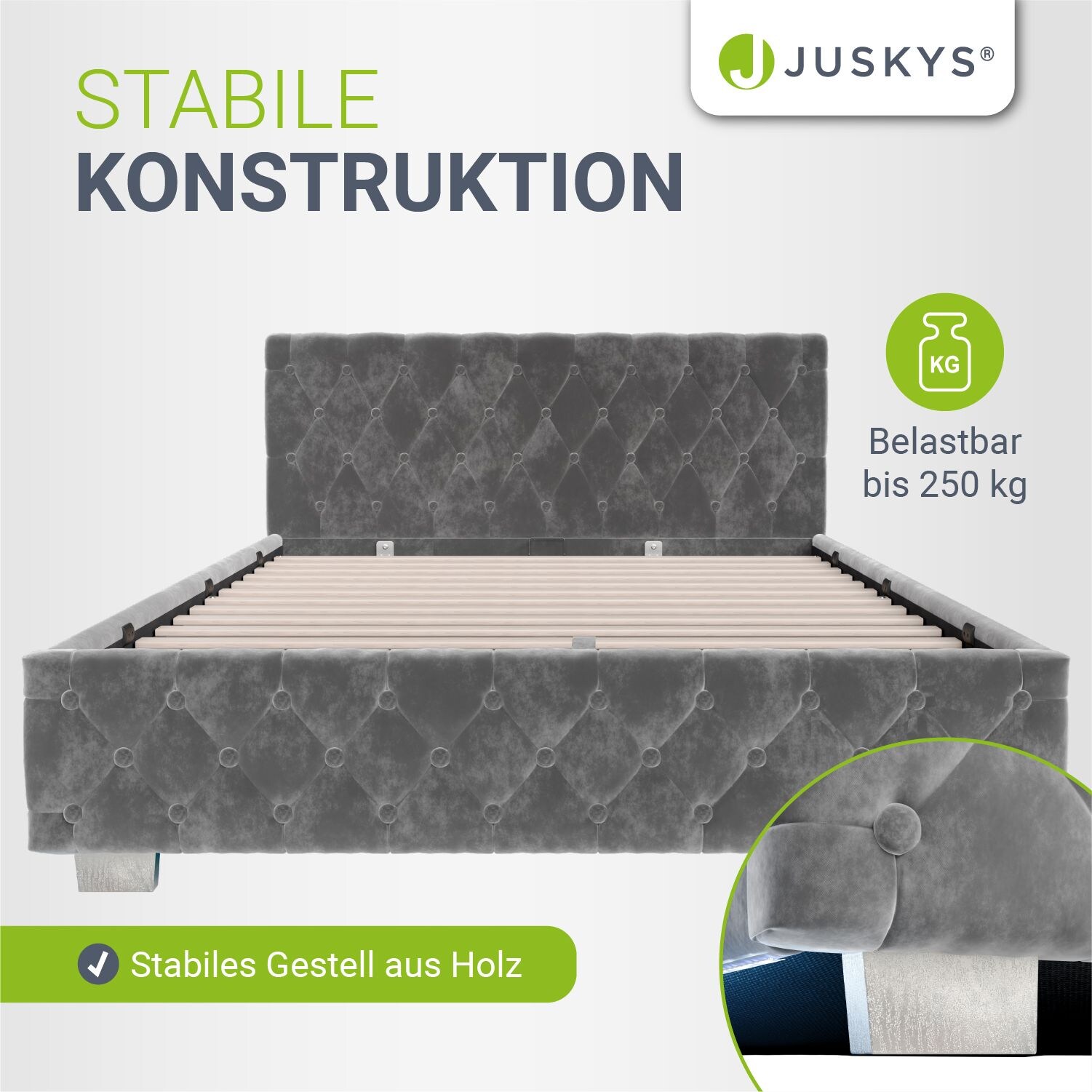 Juskys Polsterbett Nizza 140x200 cm - Lattenrost, Stauraum & LEDs - Samtbezug mit Steppung - Grau