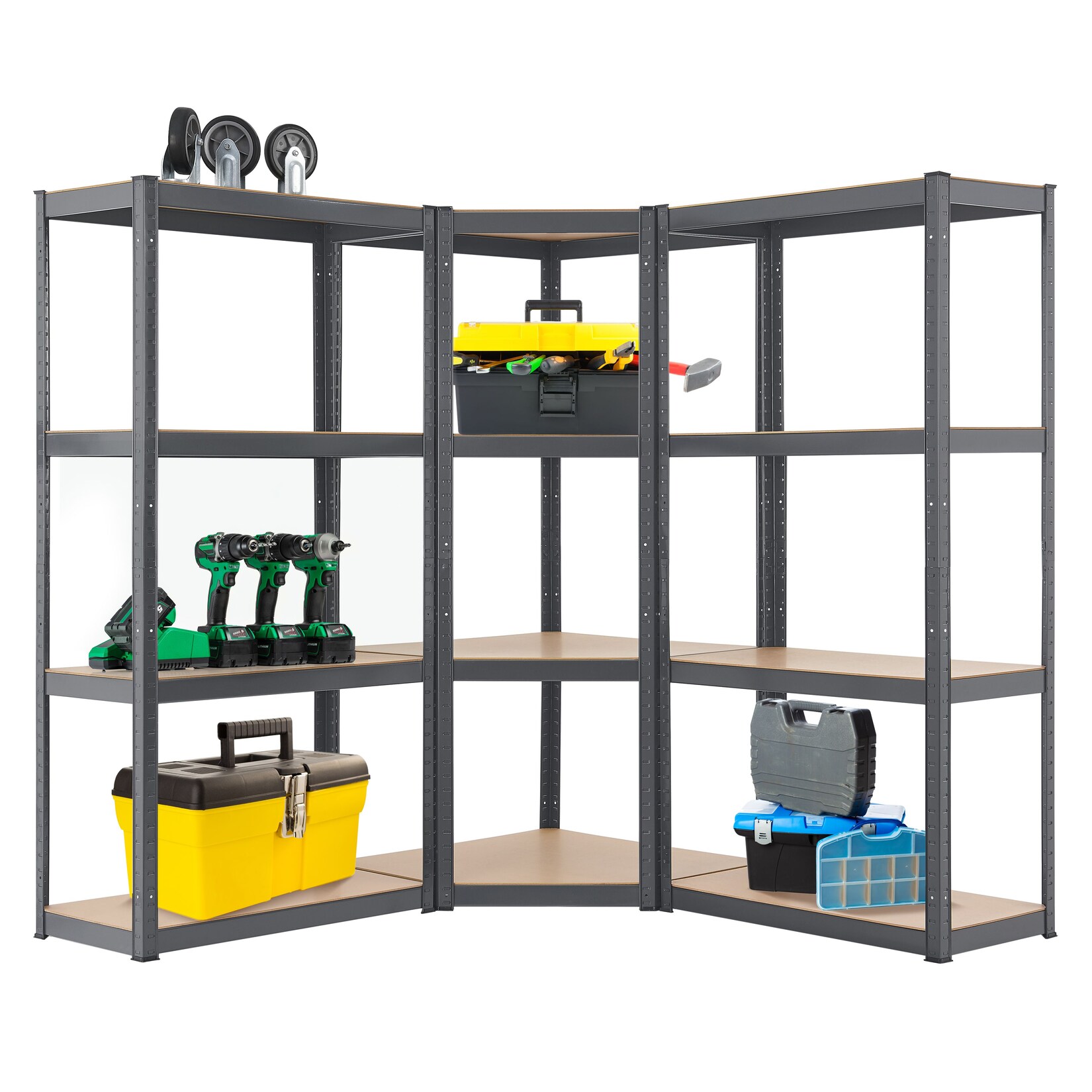 3er Metall Regalsystem Easy, 1 Eckregal & 2 Schwerlastregale, 12 MDF Holz Böden,  Grau