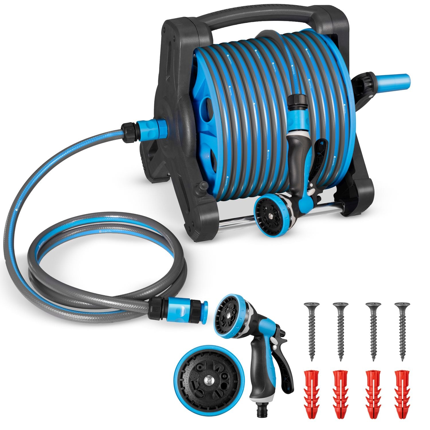 Juskys Schlauchtrommel Basic mit 30 m Wasserschlauch, Multifunktionsbrause und Halterung &ndash; Blau Grau 