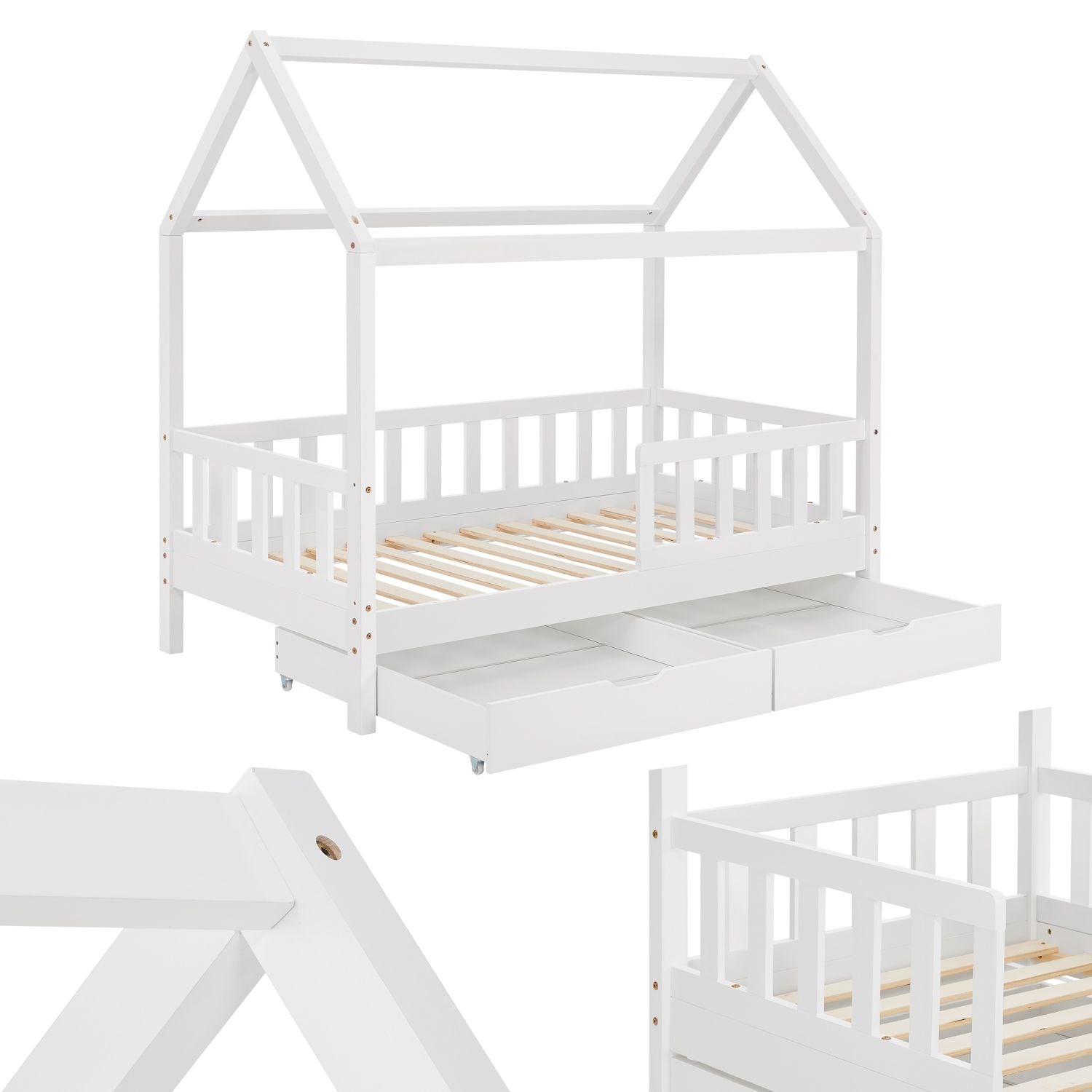 Juskys Kinderbett Marli 80 x 160 cm mit Bettkasten, Gitter, Lattenrost & Dach - Holz Hausbett Wei&szlig; 