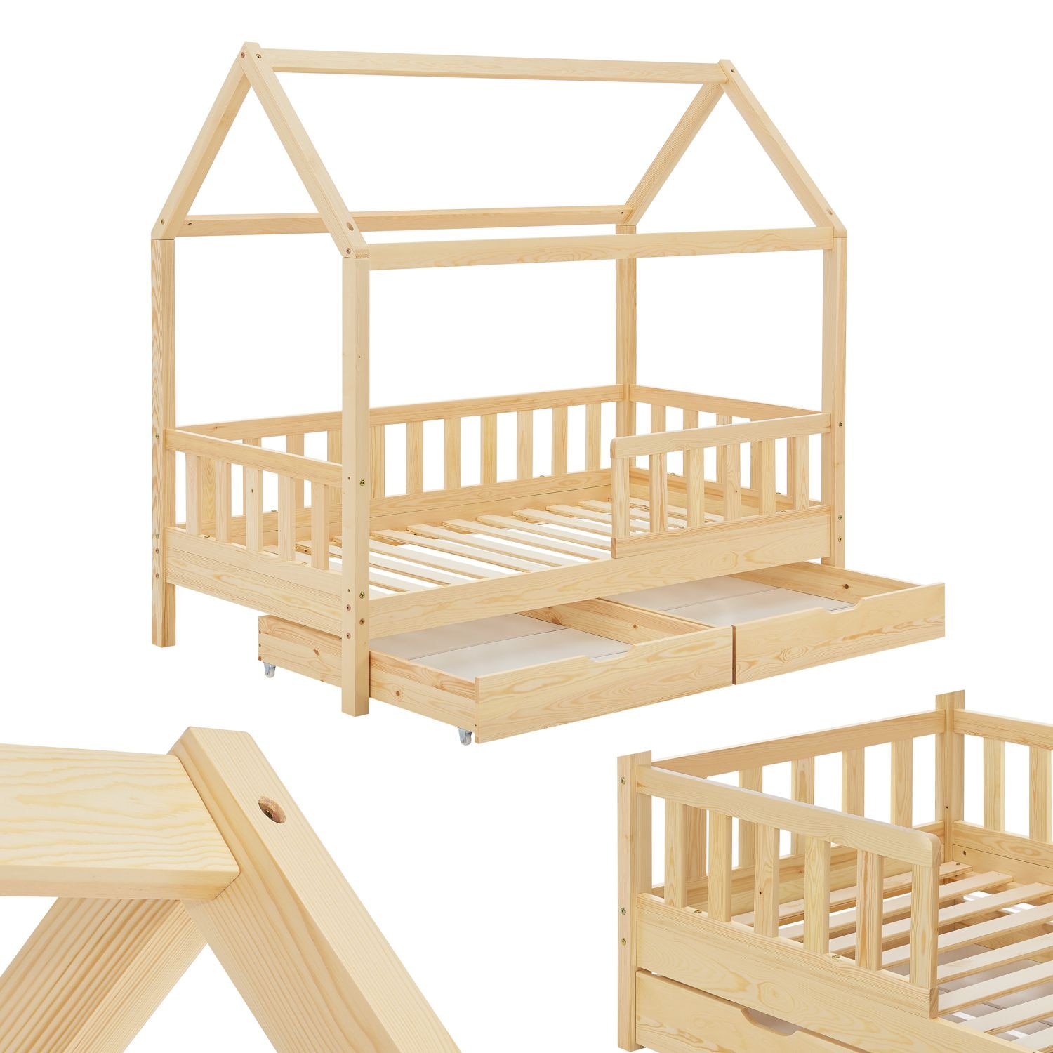 Juskys Kinderbett Marli 80 x 160 cm mit Bettkasten, Gitter, Lattenrost & Dach - Holz Hausbett Natur 