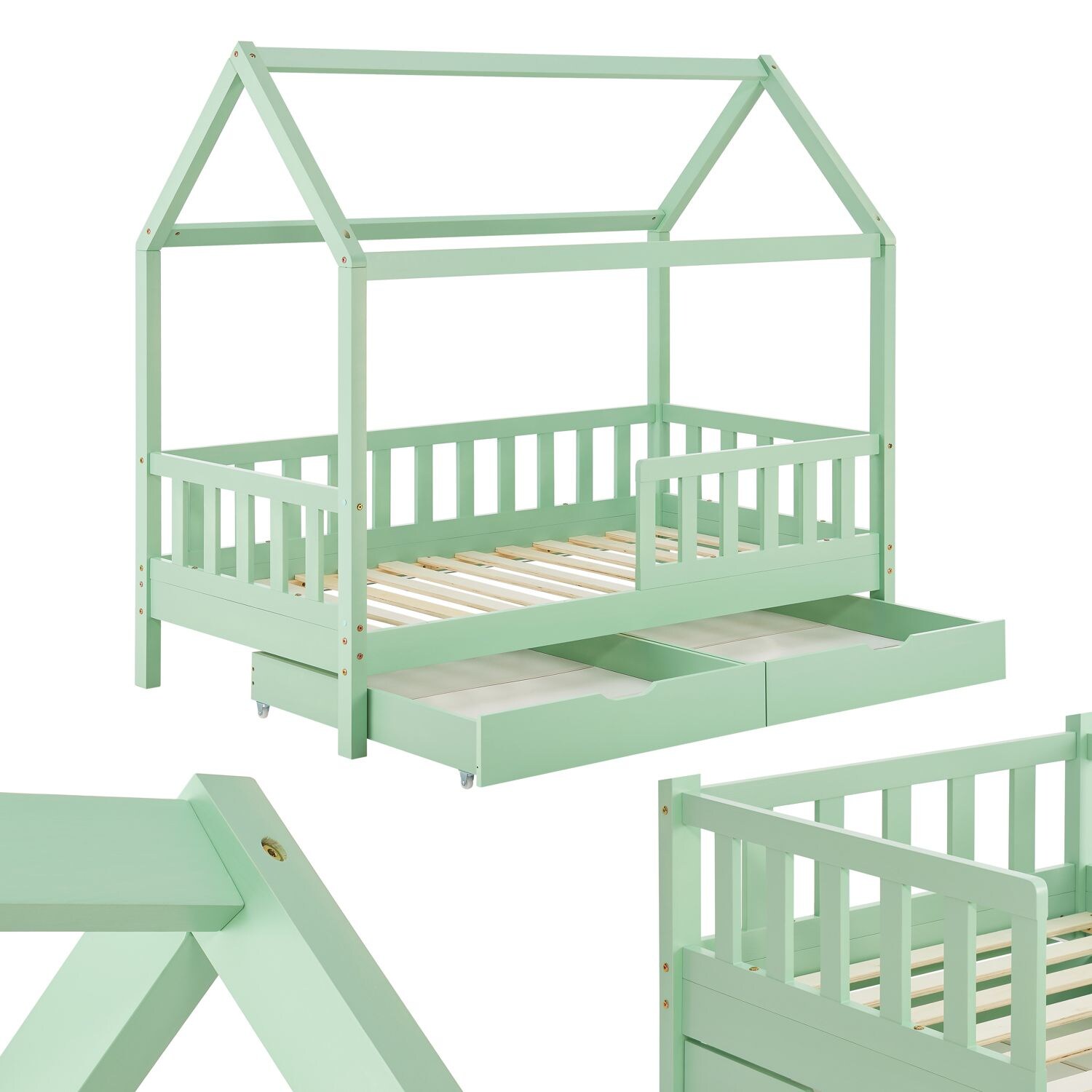 Juskys Kinderbett Marli 80 x 160 cm mit Bettkasten, Gitter, Lattenrost & Dach - Holz Hausbett Mint 