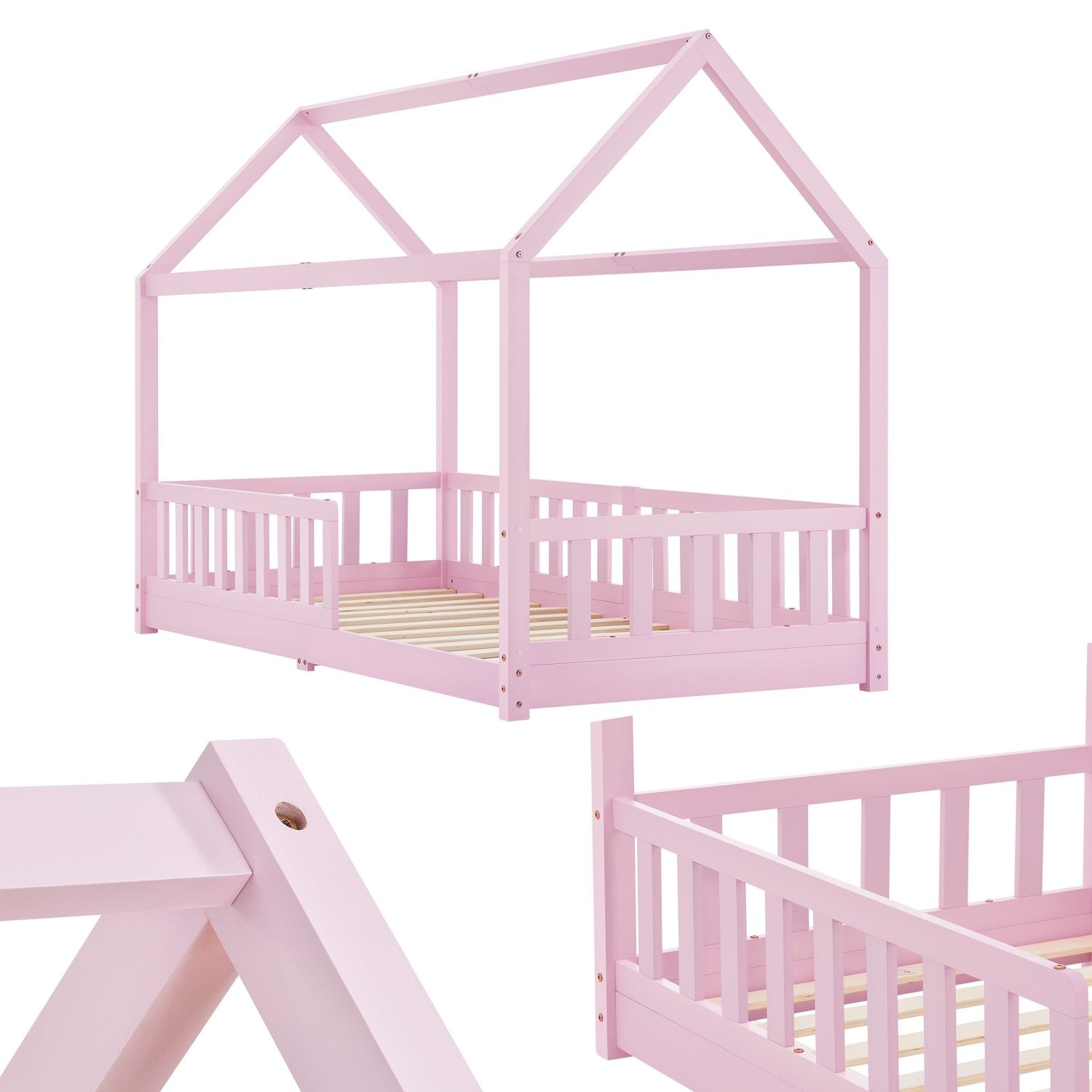 Juskys Kinderbett Marli 90 x 200 cm mit Rausfallschutz, Lattenrost & Dach - Holz Hausbett Rosa 