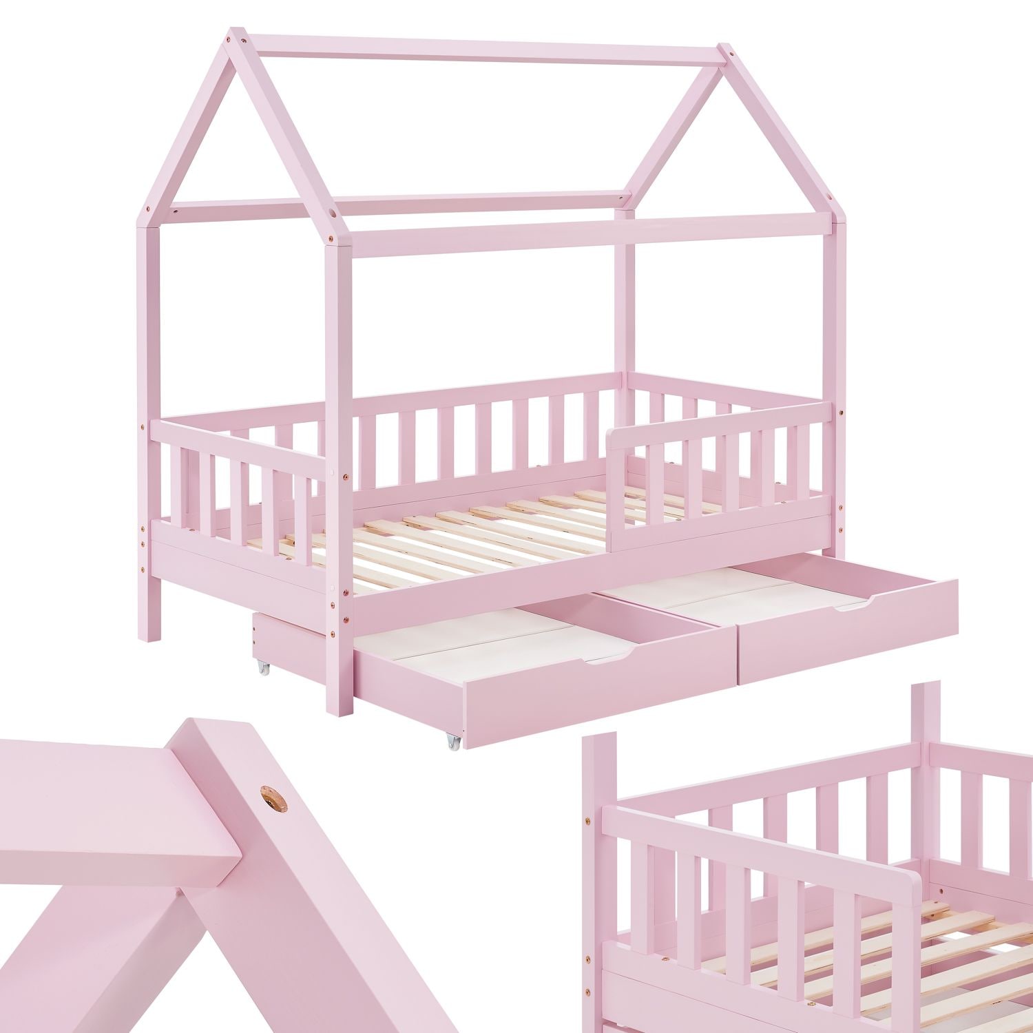 Juskys Kinderbett Marli 90 x 200 cm mit Bettkasten, Gitter, Lattenrost & Dach - Holz Hausbett Rosa 