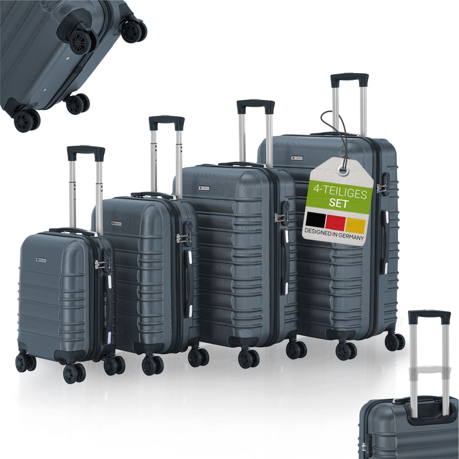 Juskys Hartschale Kofferset Rom Reisekoffer 4 teilig - Zahlenschloss, 360&deg; Rollen - Anthrazit 