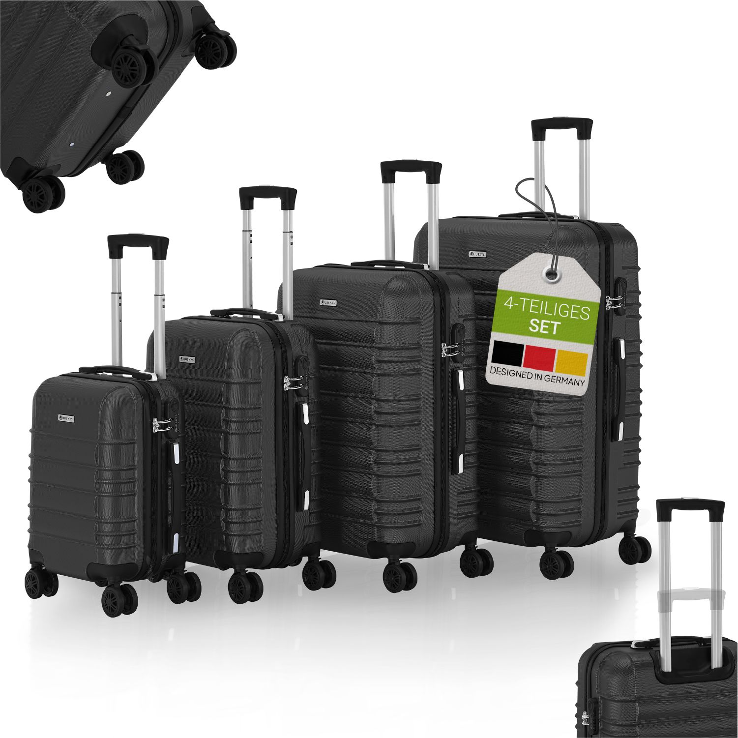 Juskys Hartschale Kofferset Rom Reisekoffer 4 teilig - Zahlenschloss, 360&deg; Rollen - Schwarz 