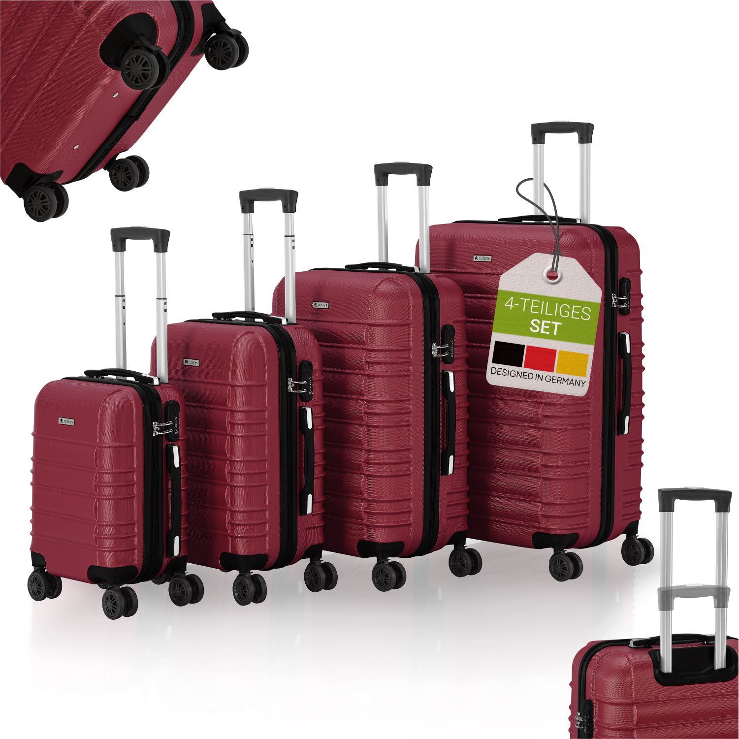 Juskys Hartschale Kofferset Rom Reisekoffer 4 teilig - Zahlenschloss, 360&deg; Rollen - Rot 