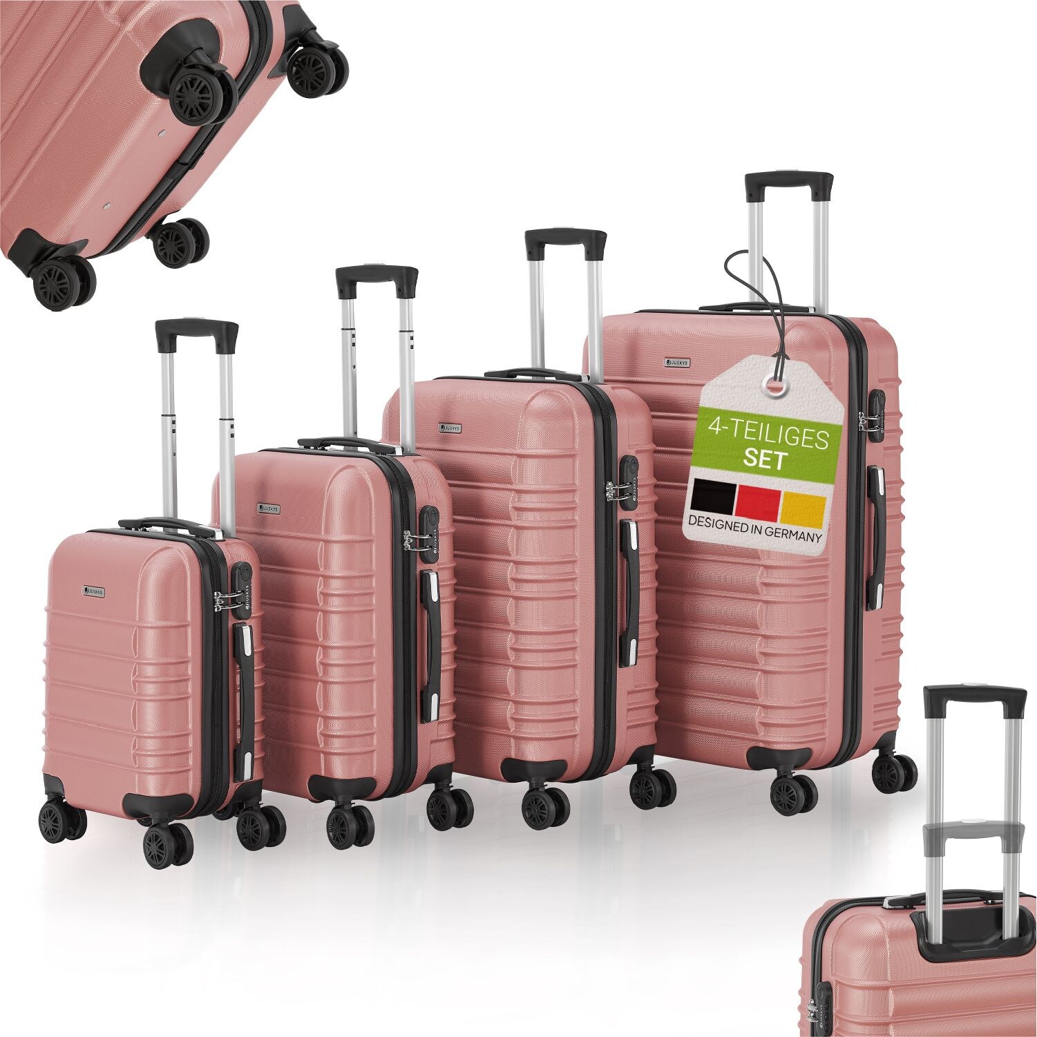 Juskys Hartschale Kofferset Rom Reisekoffer 4 teilig - Zahlenschloss, 360° Rollen - Rosa