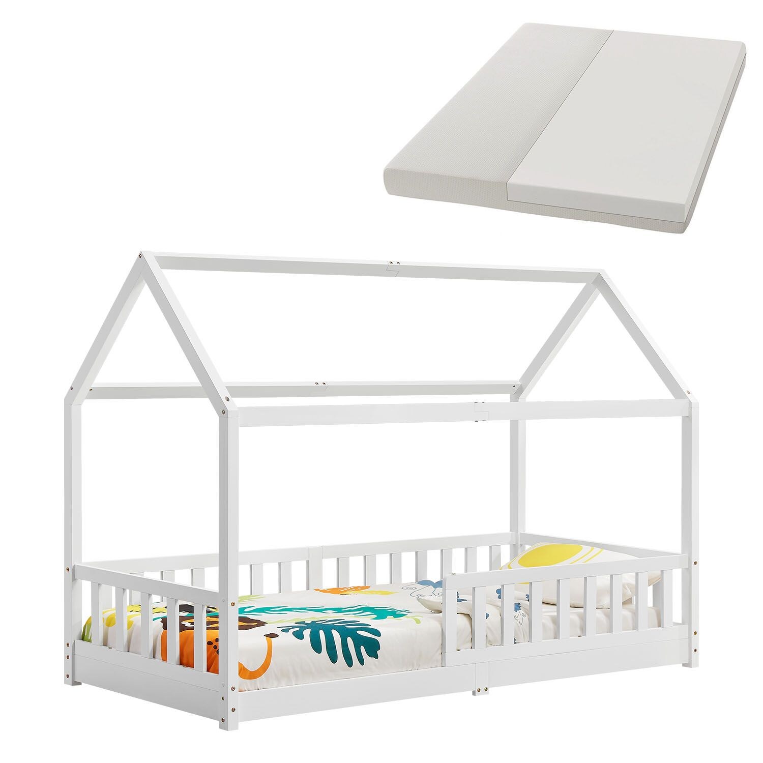 Juskys Kinderbett Marli 90 x 200 cm mit Matratze, Gitter, Lattenrost & Dach - Bett Wei&szlig; 