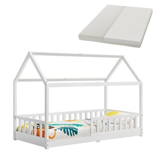 Juskys Kinderbett Marli 90 x 200 cm mit Matratze, Gitter, Lattenrost & Dach - Bett Weiß 