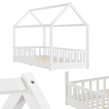 Juskys Kinderbett Marli 90 x 200 cm mit Matratze, Gitter, Lattenrost & Dach - Bett Weiß 