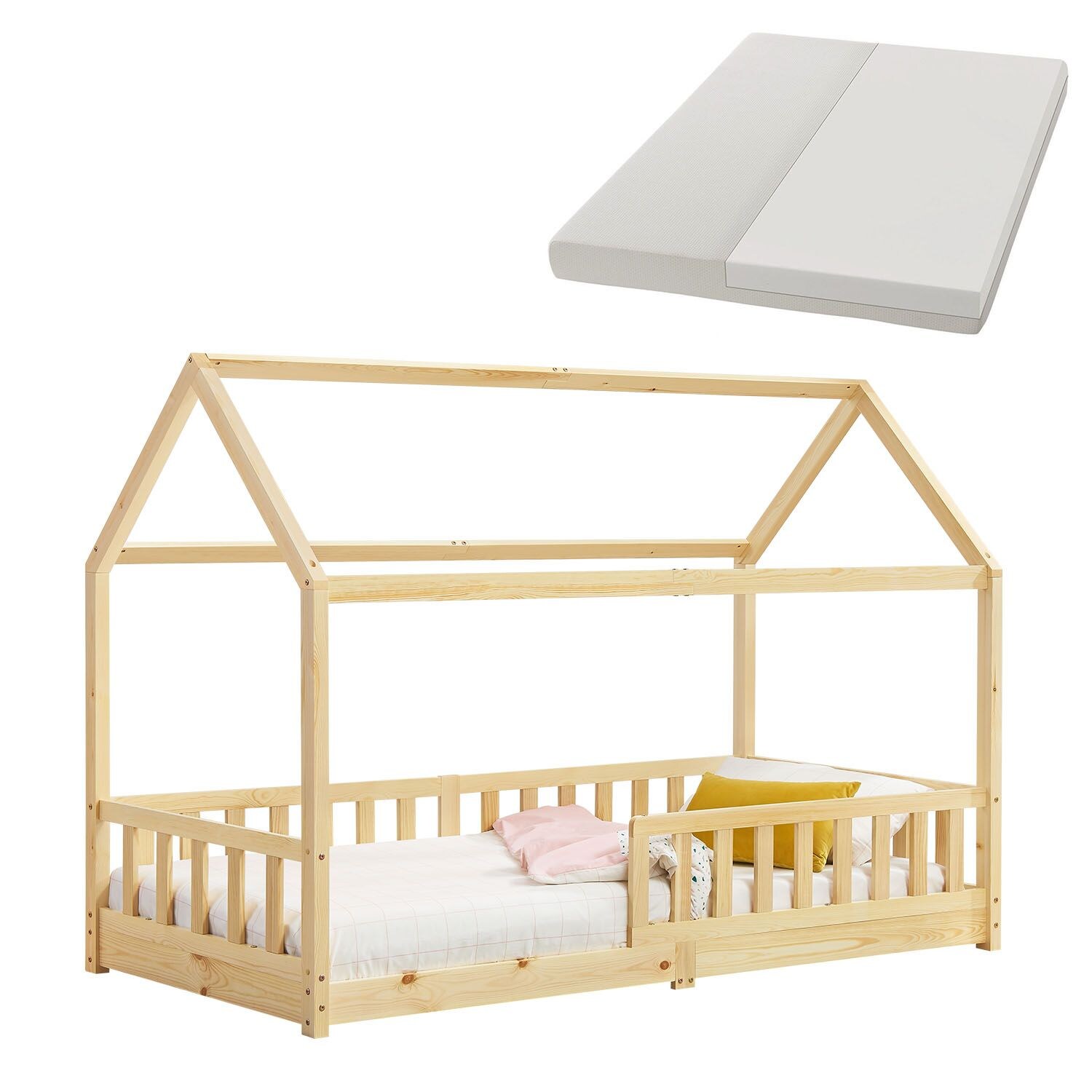 Juskys Kinderbett Marli 90 x 200 cm mit Matratze, Gitter, Lattenrost & Dach - Bett Natur 