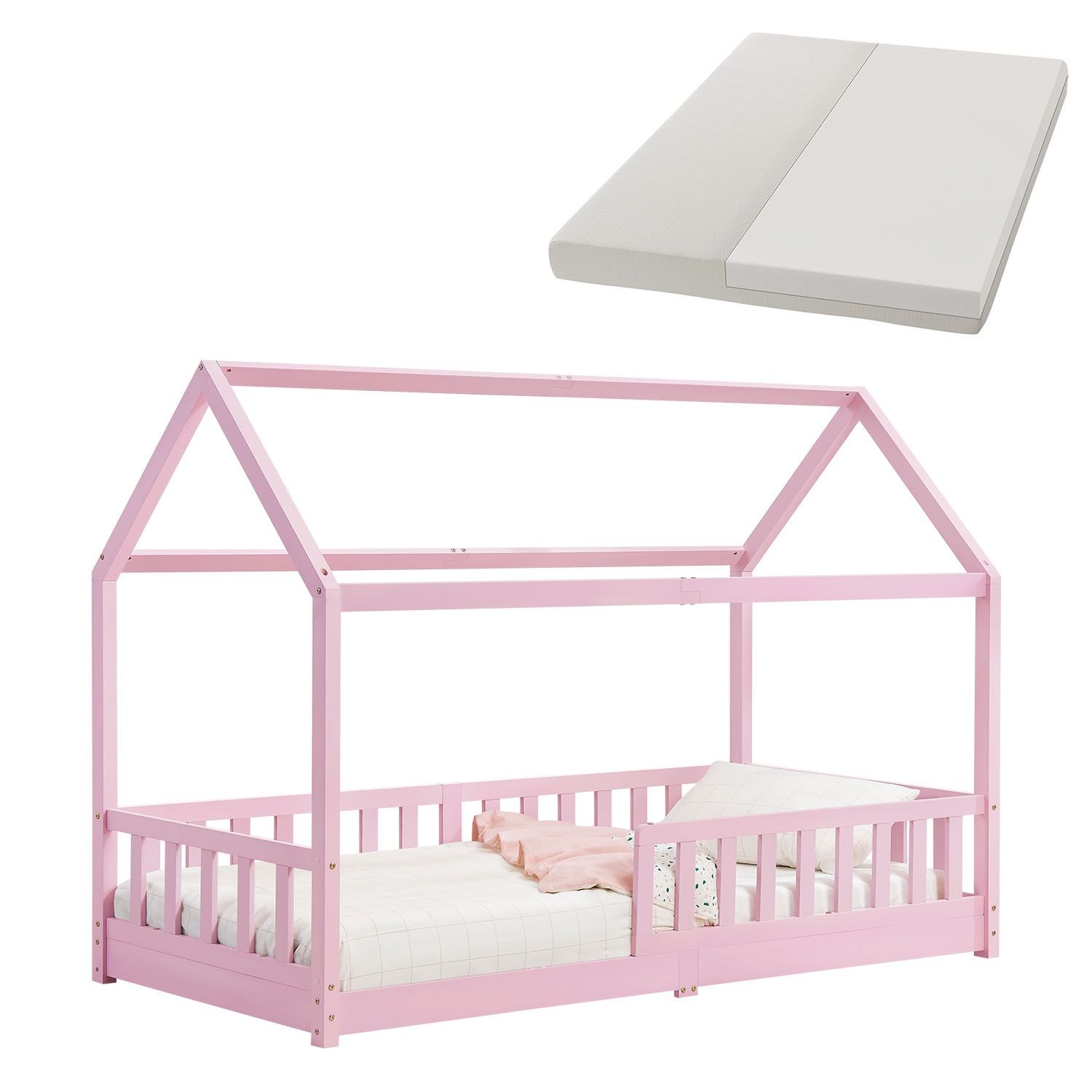 Juskys Kinderbett Marli 90 x 200 cm mit Matratze, Gitter, Lattenrost & Dach - Bett Rosa 