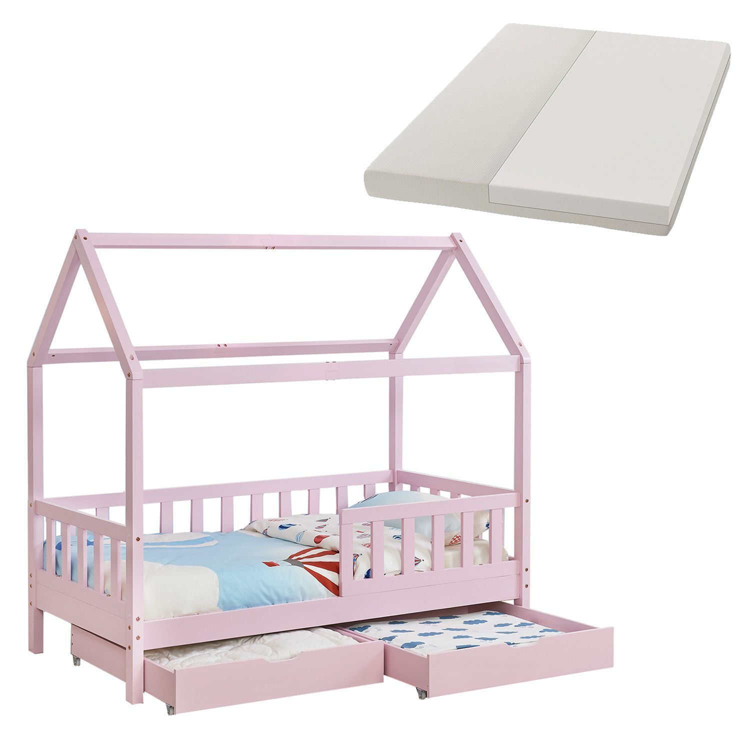 Juskys Kinderbett Marli 90 x 200 cm mit Matratze, Bettkasten, Gitter, Lattenrost & Dach - Bett Rosa 