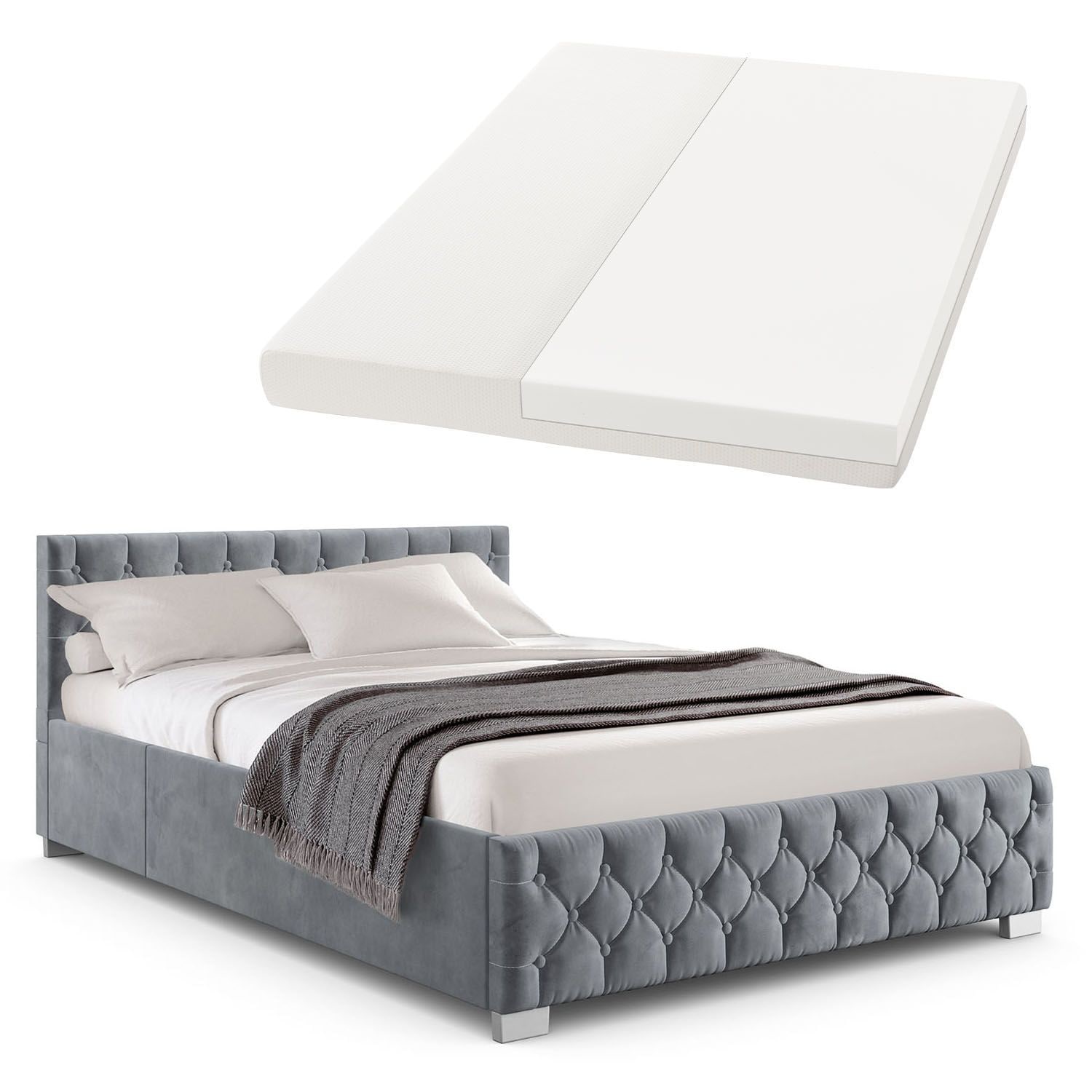 Juskys Polsterbett Nizza 120x200 cm &ndash; Matratze, Stauraum & LEDs - Samtbezug mit Steppung - Grau 