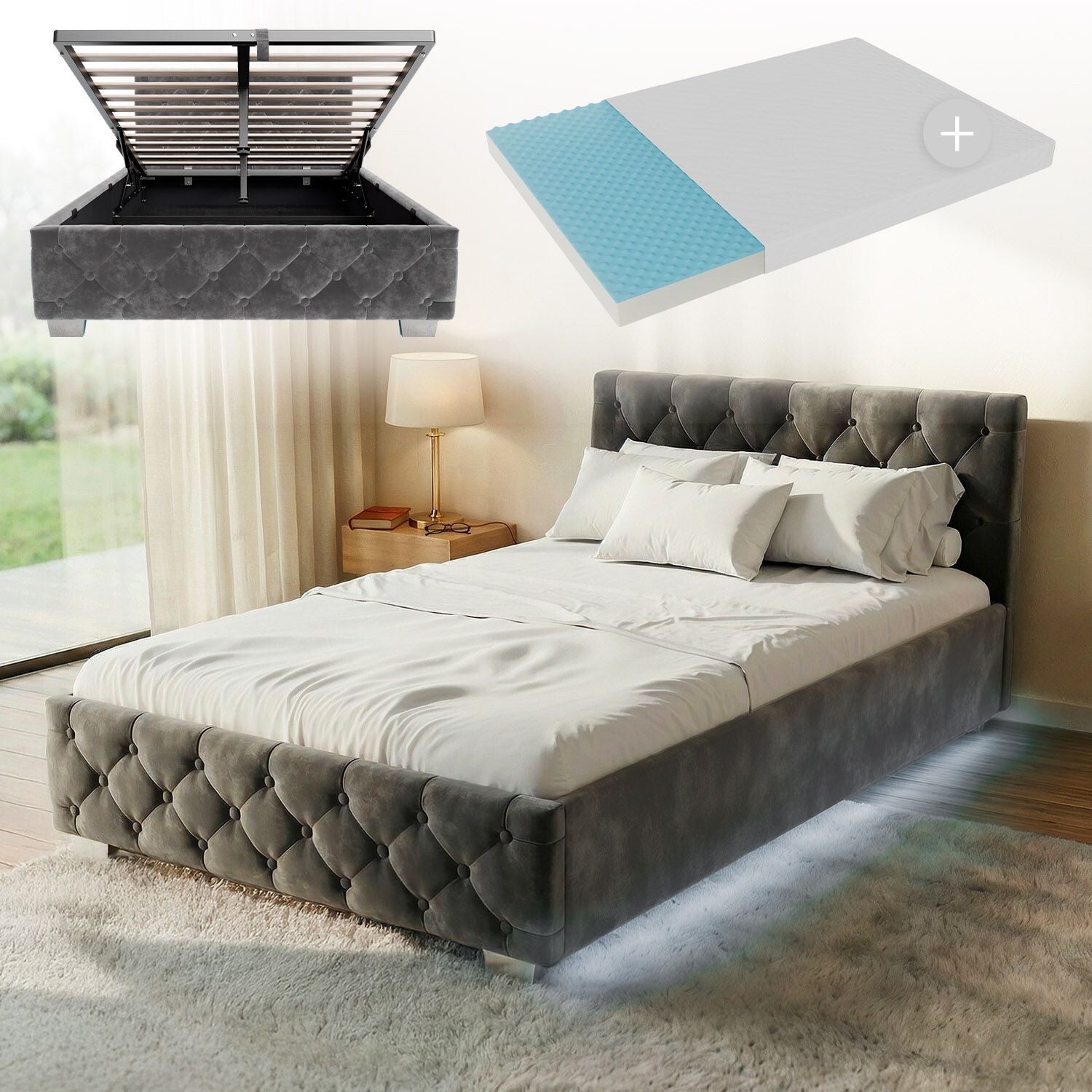 Juskys Polsterbett Nizza 120x200 cm – Matratze, Stauraum & LEDs - Samtbezug mit Steppung - Grau