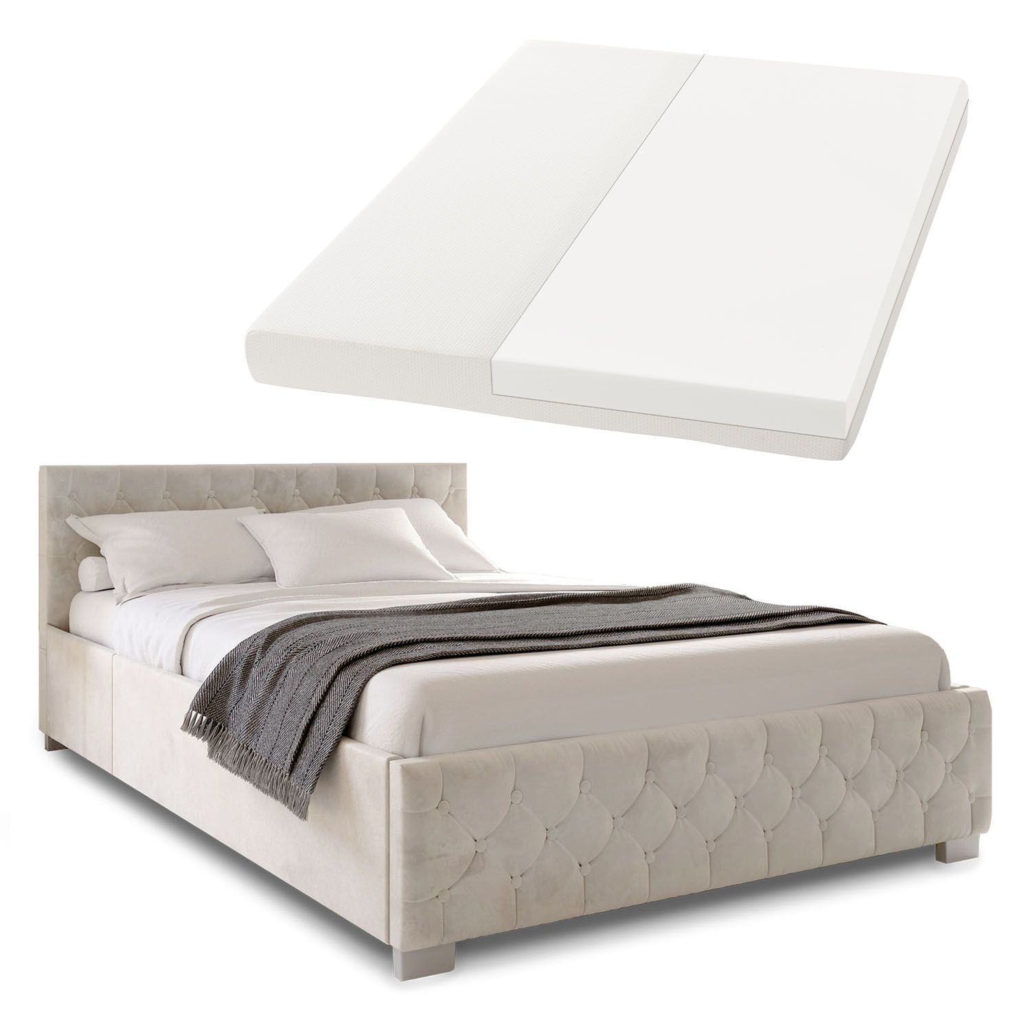 Juskys Polsterbett Nizza 120x200 cm - Matratze, Stauraum & LEDs - Samtbezug mit Steppung - Beige 