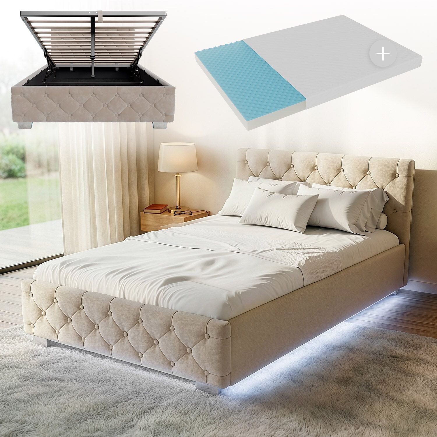 Juskys Polsterbett Nizza 120x200 cm - Matratze, Stauraum & LEDs - Samtbezug mit Steppung - Beige
