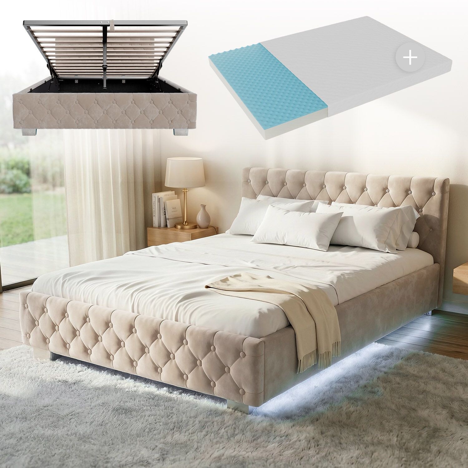 Juskys Polsterbett Nizza 140x200 cm – Matratze, Stauraum & LEDs - Samtbezug mit Steppung - Beige