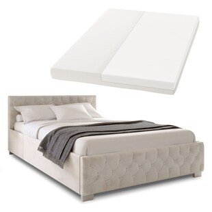 Juskys Polsterbett Nizza 140x200 cm – Matratze, Stauraum & LEDs - Samtbezug mit Steppung - Beige 