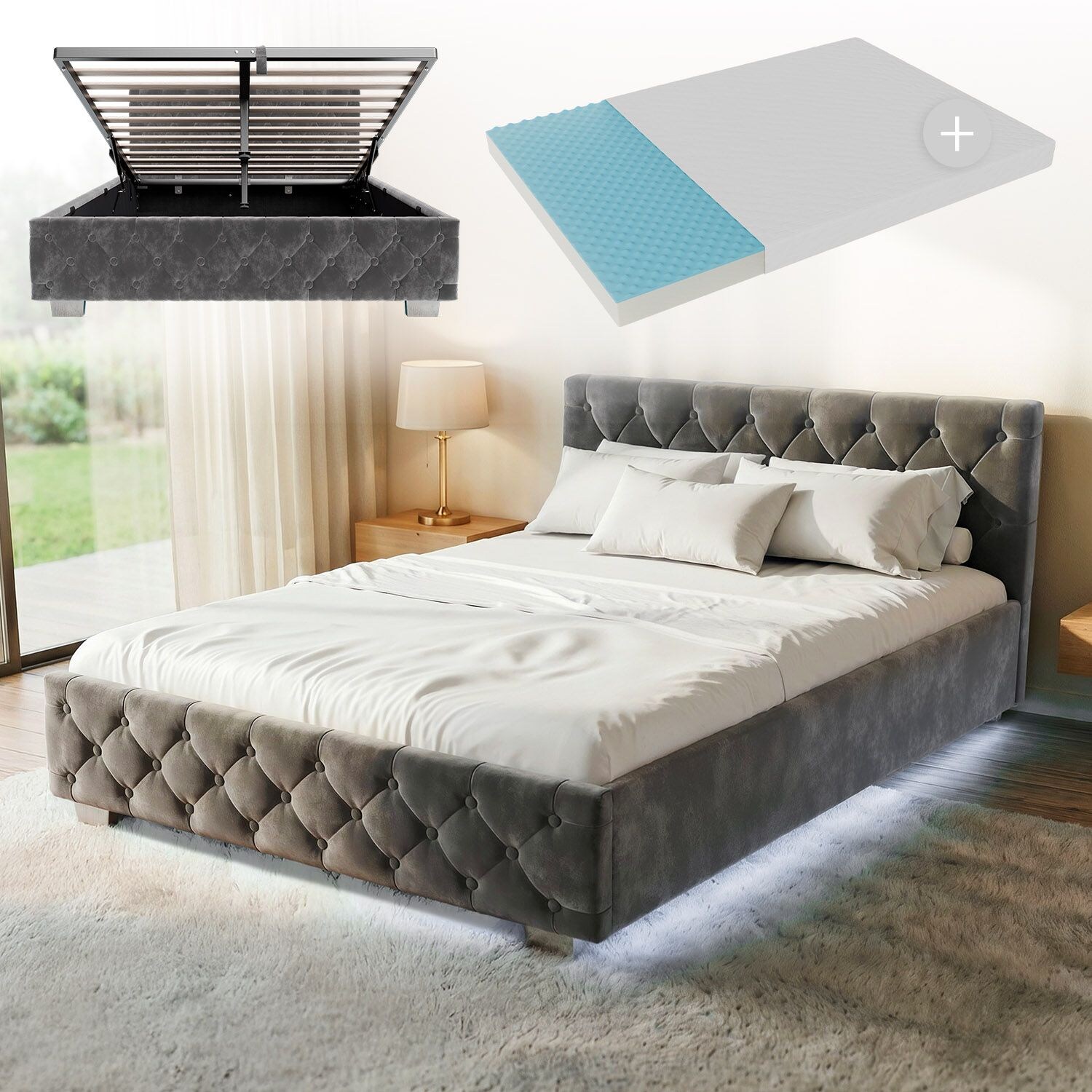 Juskys Polsterbett Nizza 140x200 cm – Matratze, Stauraum & LEDs - Samtbezug mit Steppung - Grau