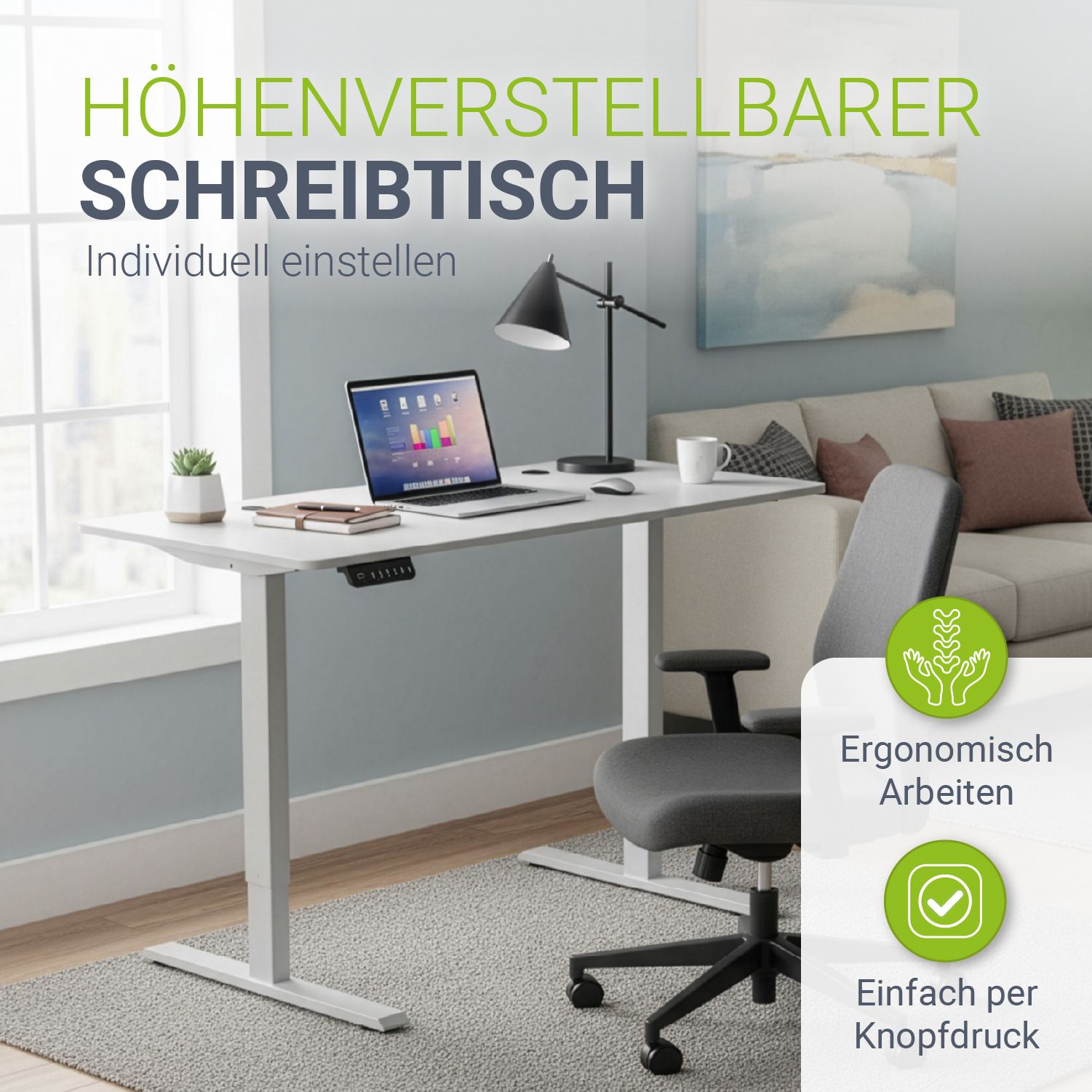 Juskys H&ouml;henverstellbarer Schreibtisch Office Stand 120x60cm - elektrisch, Memory-Funktion - Wei&szlig; 