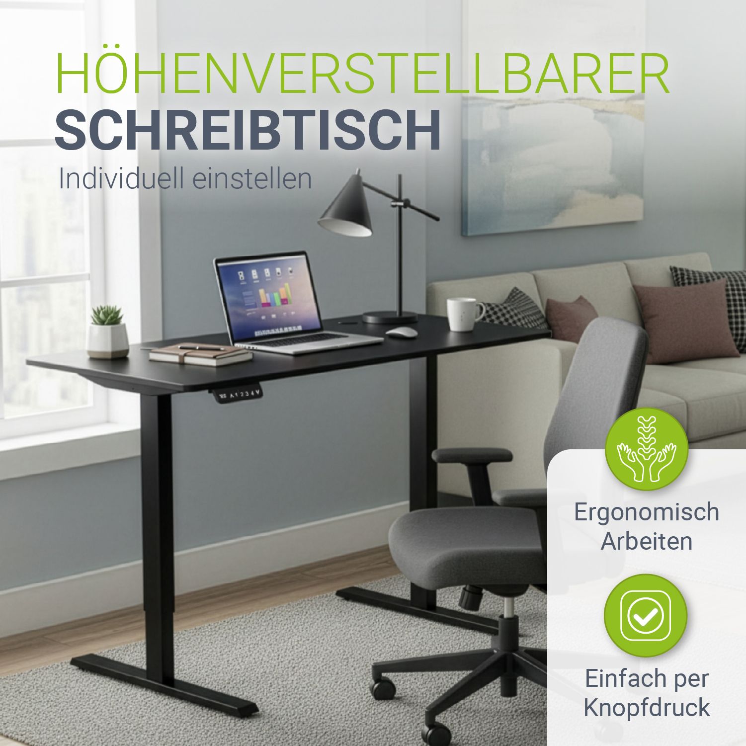 Juskys H&ouml;henverstellbarer Schreibtisch Office Stand 120x60cm - elektrisch, Memory-Funktion - Schwarz 