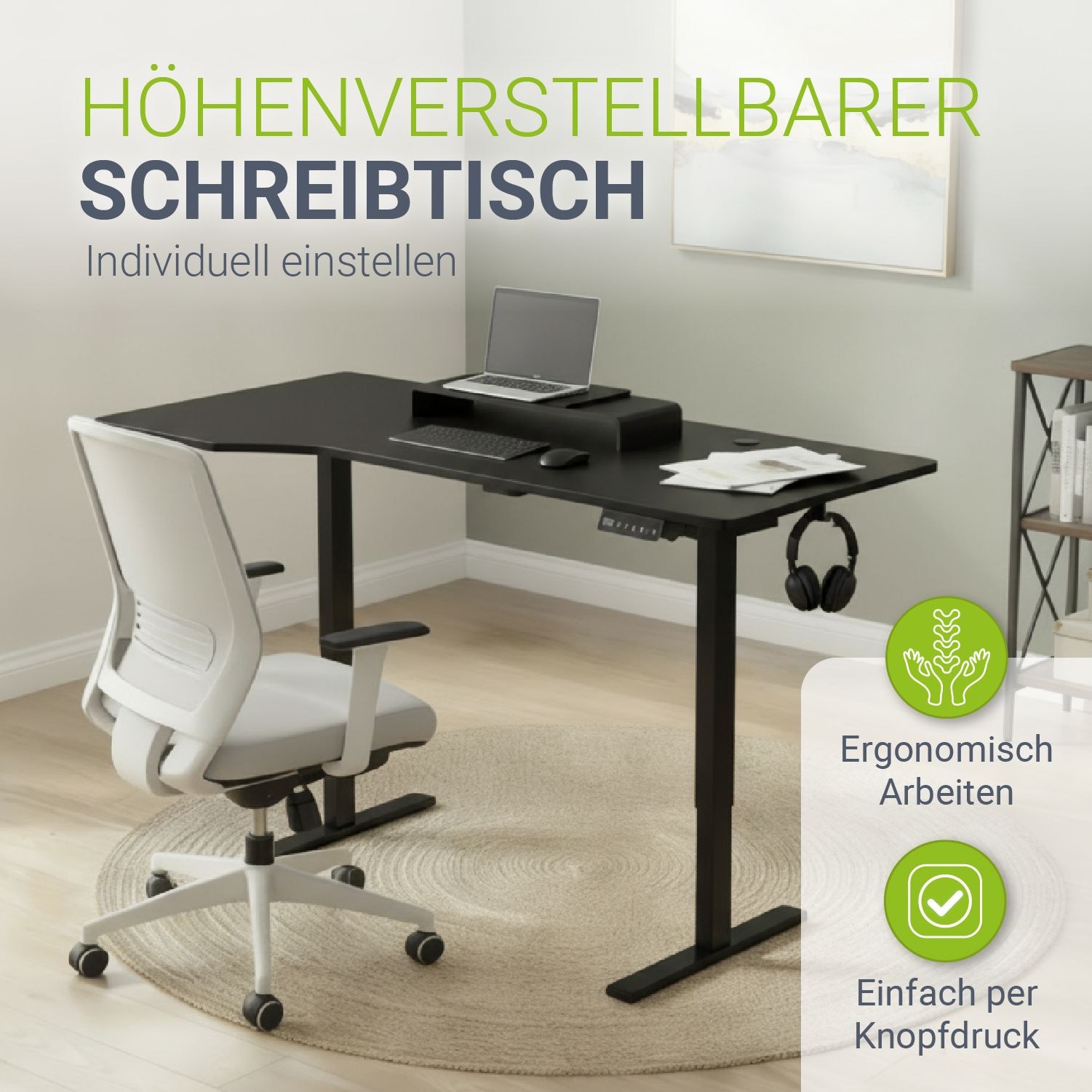 Juskys H&ouml;henverstellbarer Schreibtisch Office Stand 160x75cm - elektrisch, Memory-Funktion - Schwarz 