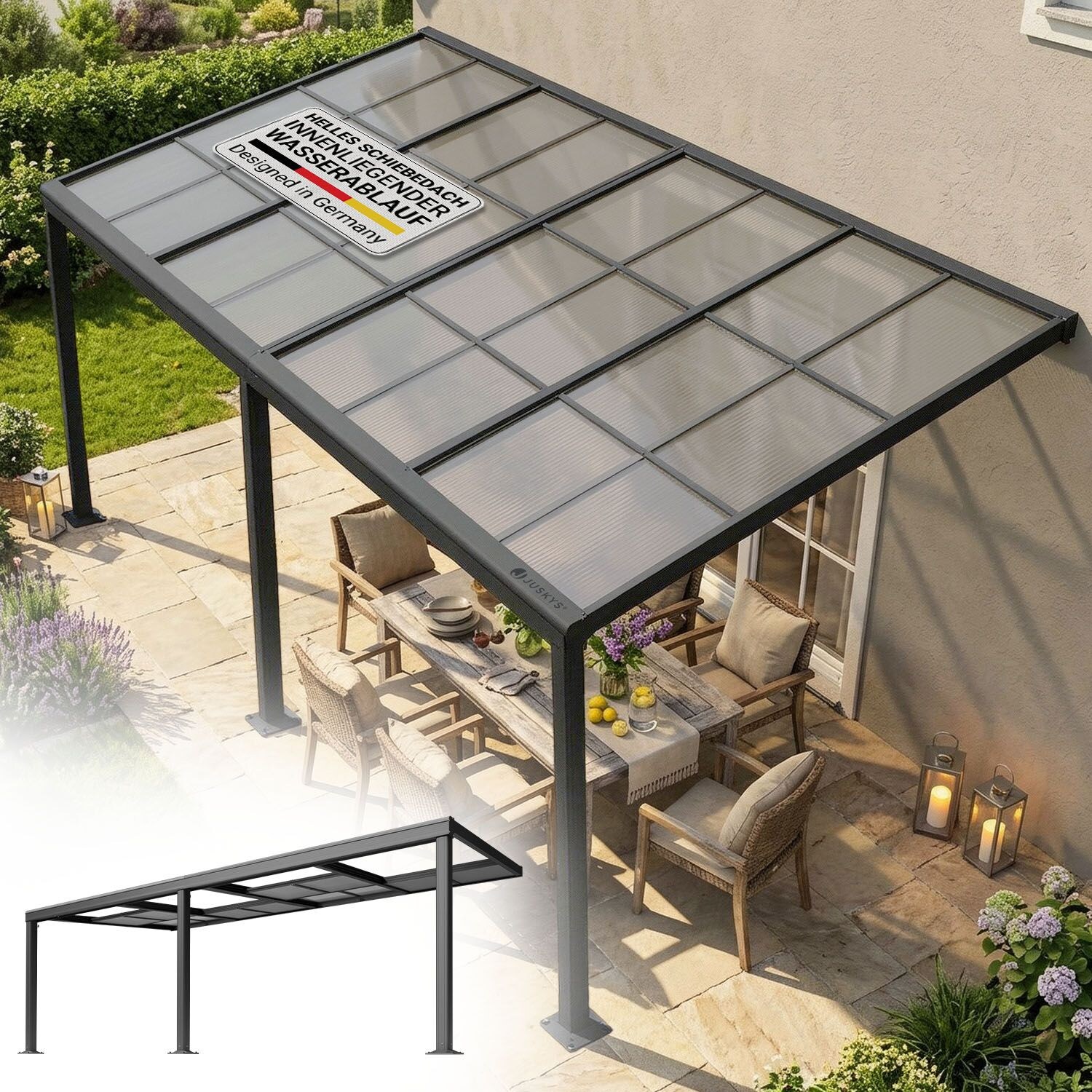 Terrassendach Jakarta 6x3 m - Schiebedach, Alu mit Doppelstegplatten, wetterfest, UV-Schutz