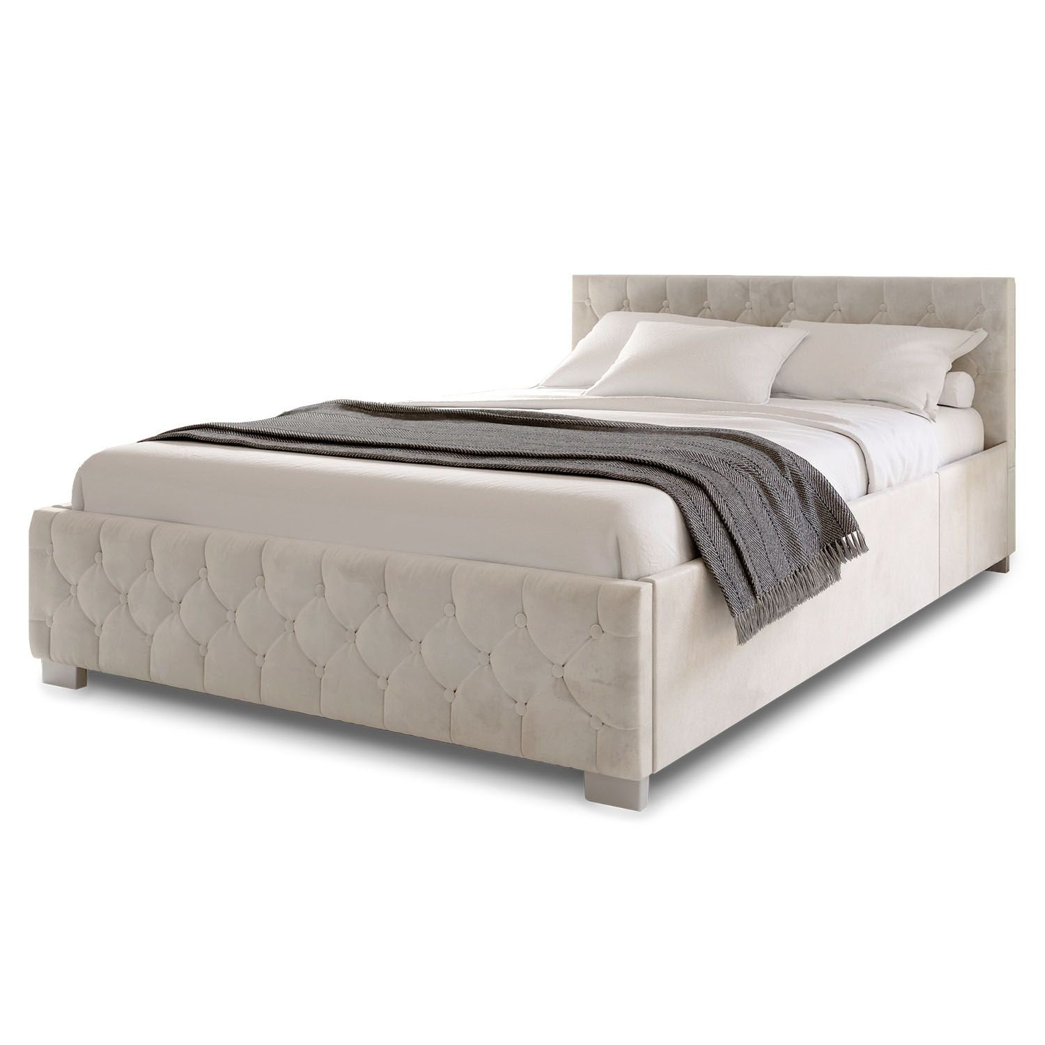 Juskys Polsterbett Nizza 180x200 cm - Lattenrost, Stauraum & LEDs - Samtbezug mit Steppung - Beige 